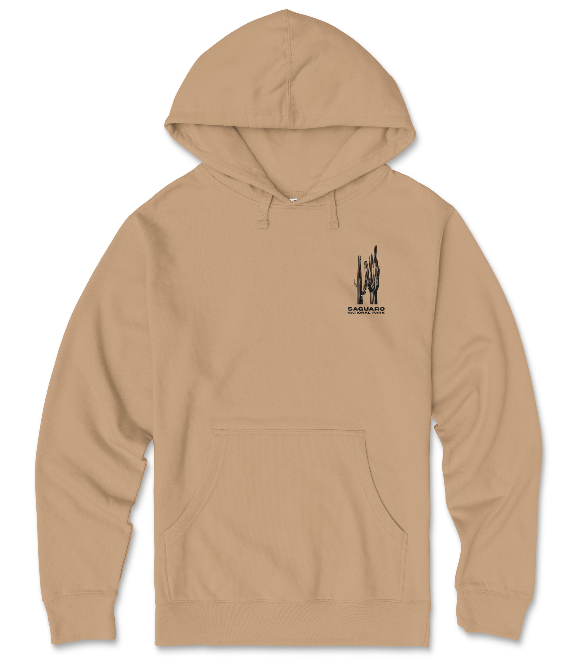 A beige hooded sweatshirt with a graphic design on the front pocket.