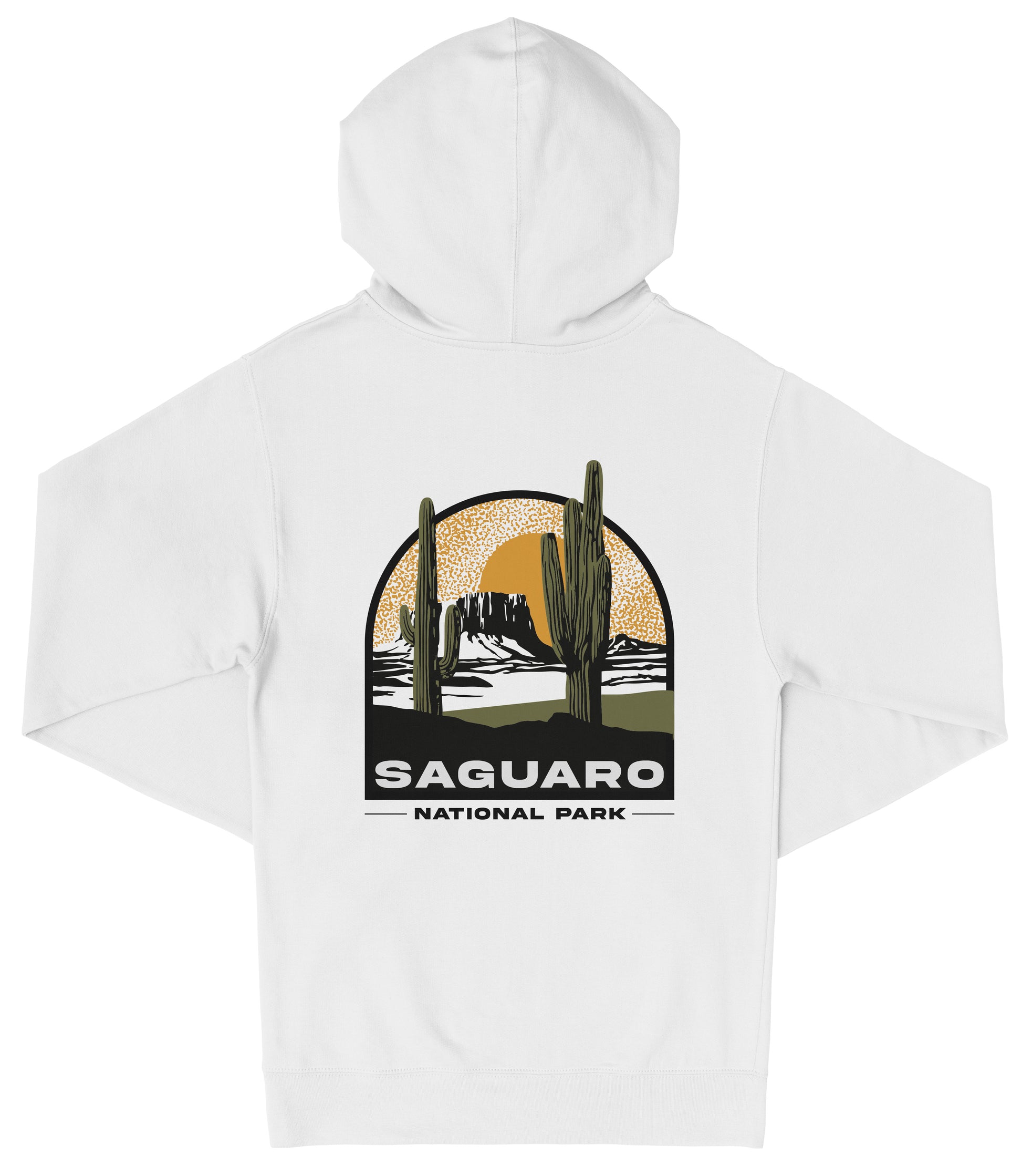 A white hooded sweatshirt with a graphic design depicting a desert landscape with a cactus and mountains in the background, along with the text "Saguaro National Park".