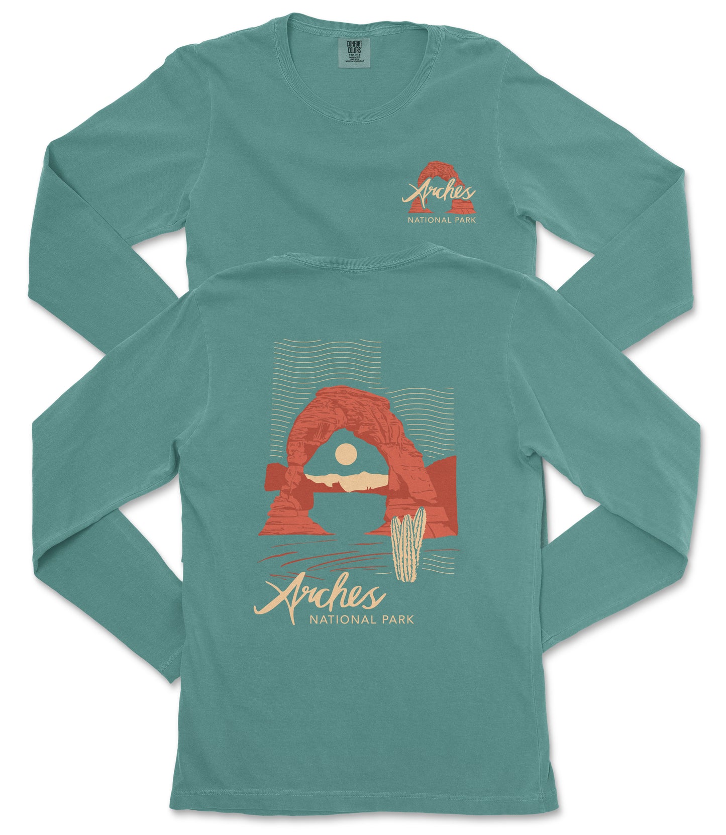A turquoise long-sleeve t-shirt with a graphic design depicting the Arches National Park, featuring a red arch and a cactus in the background.