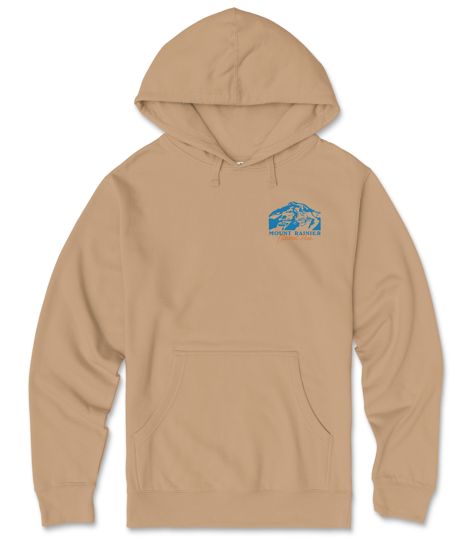 A beige hooded sweatshirt with a graphic design on the front.