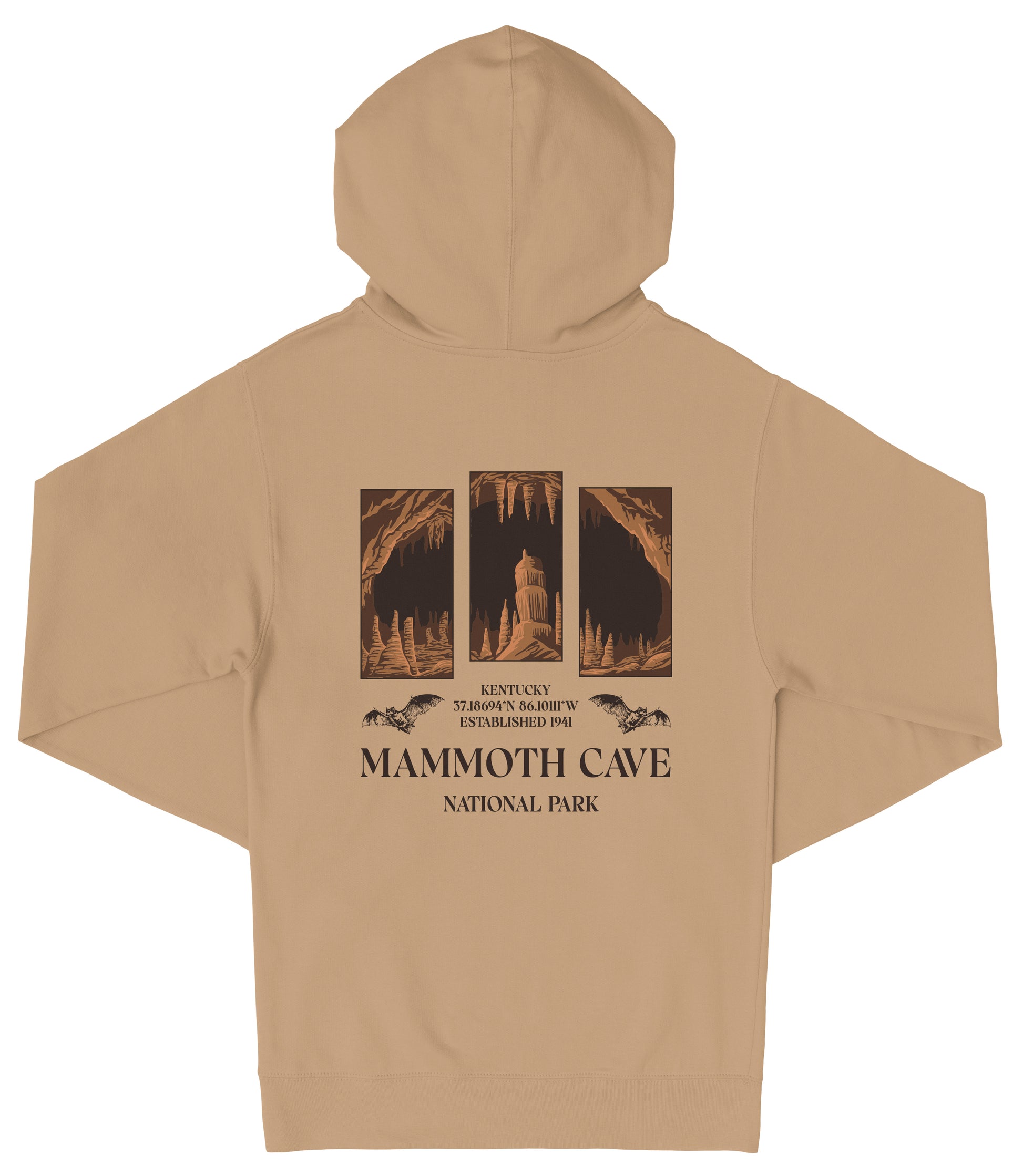 The image is a beige hoodie with a graphic design depicting the Mammoth Cave National Park in Kentucky.