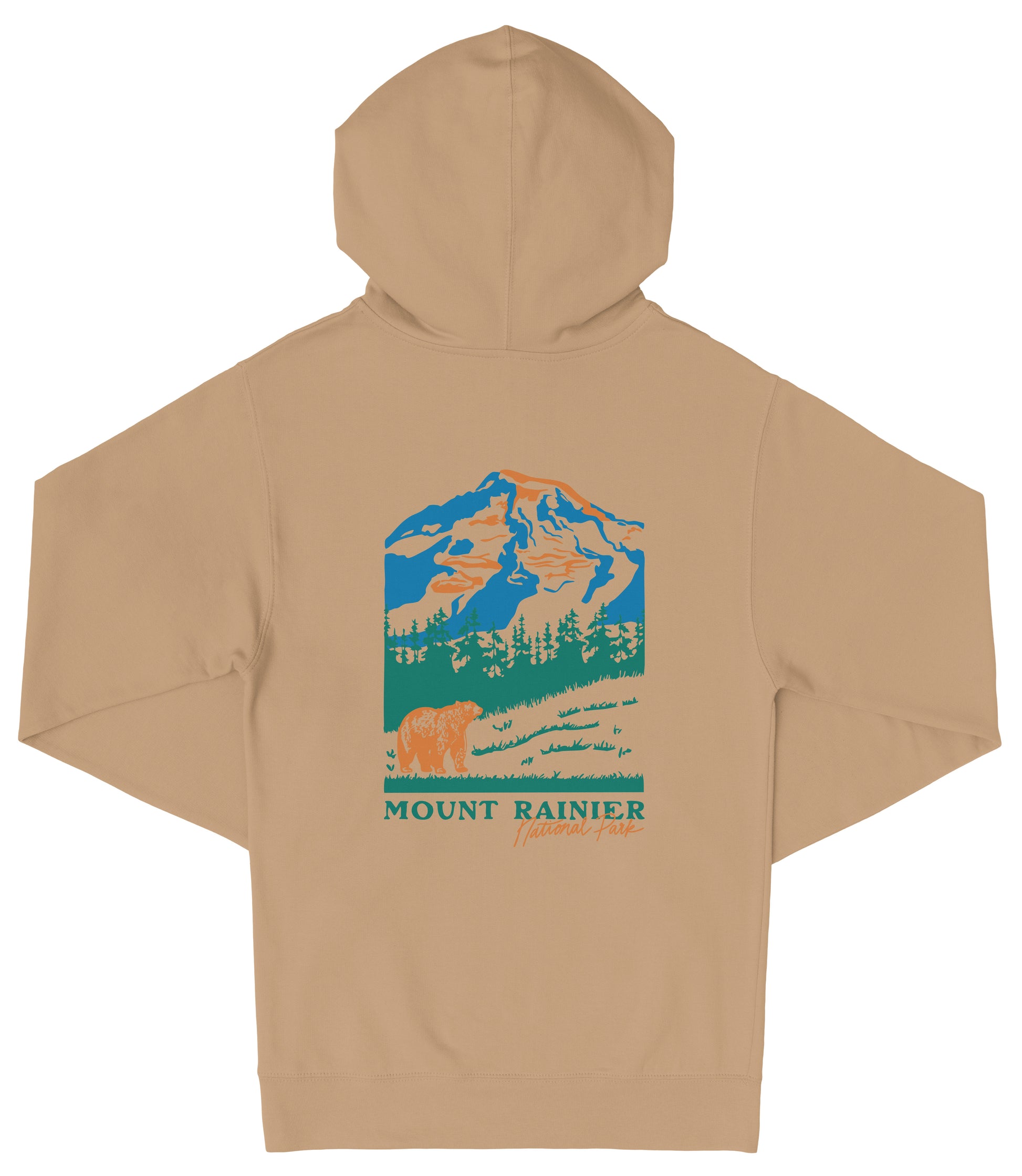 A beige hooded sweatshirt with a graphic design depicting a mountain landscape, including a bear and trees, along with the text "Mount Rainier National Park".