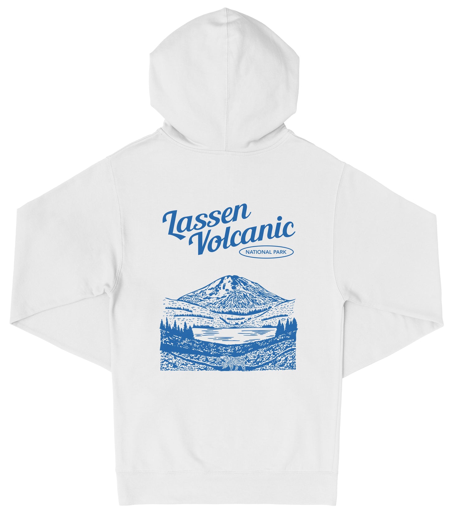 A white hooded sweatshirt with a graphic design depicting a mountain landscape and a lake.