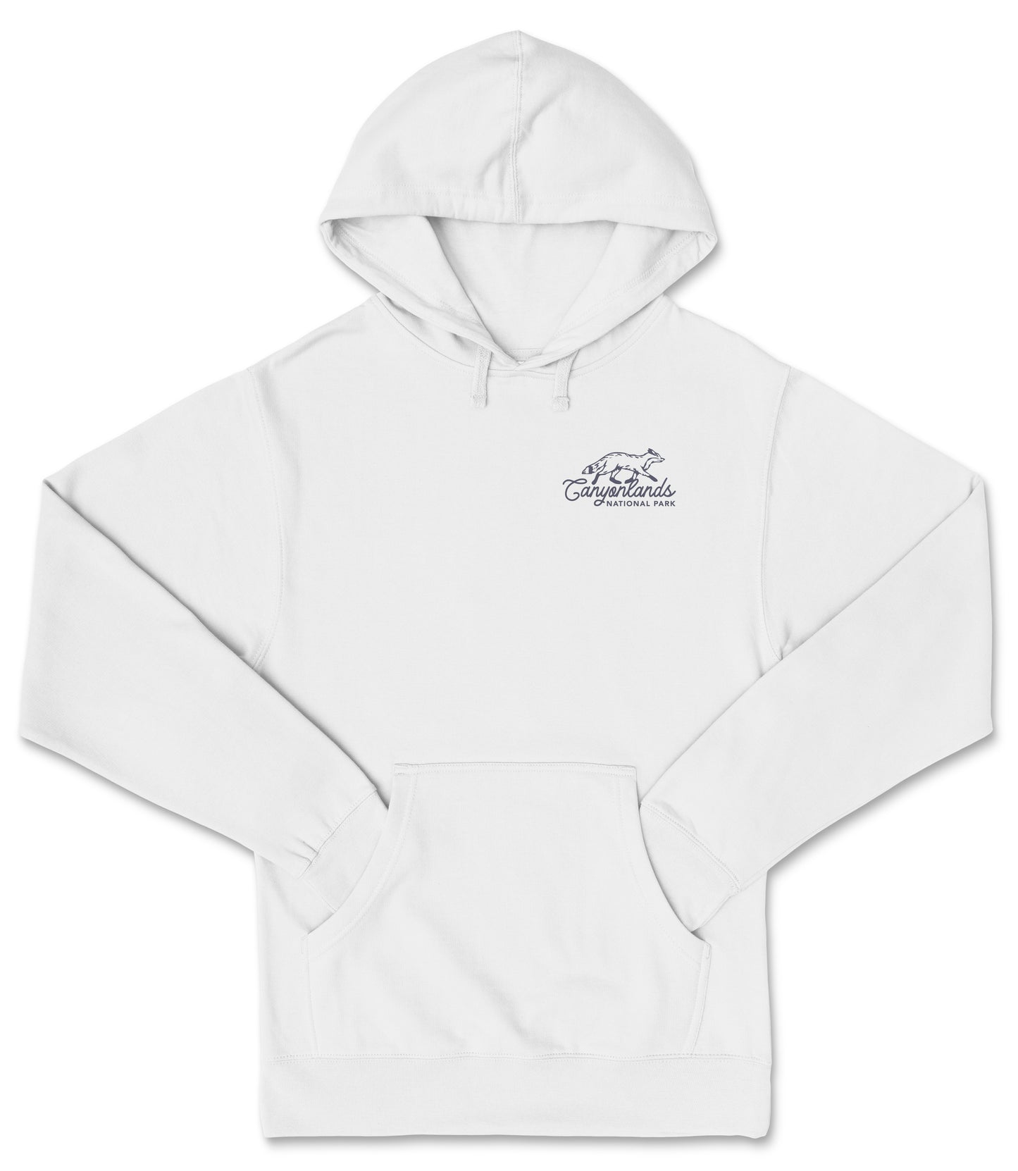 A white hooded sweatshirt with a logo on the front.