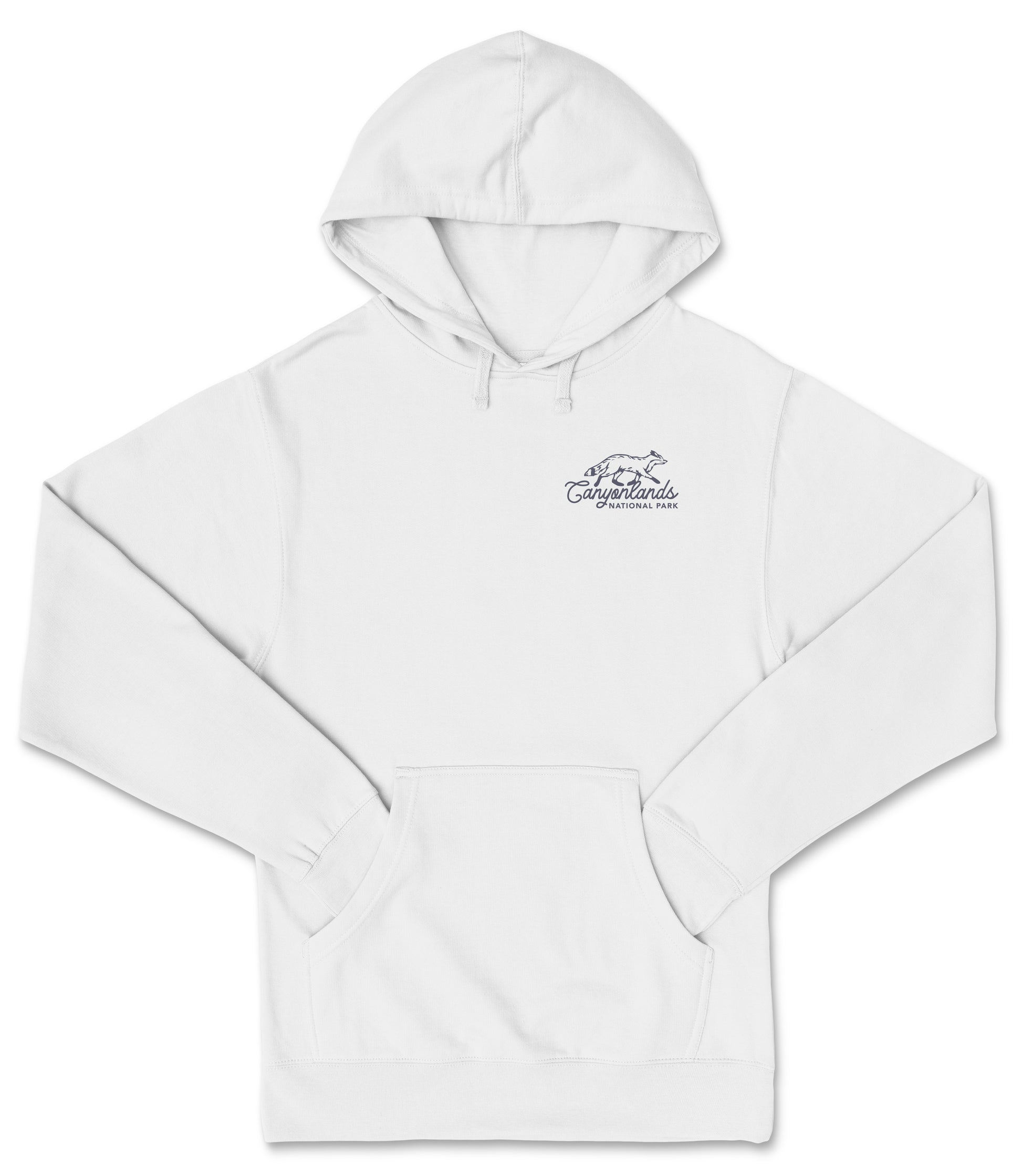 A white hooded sweatshirt with a logo on the front.