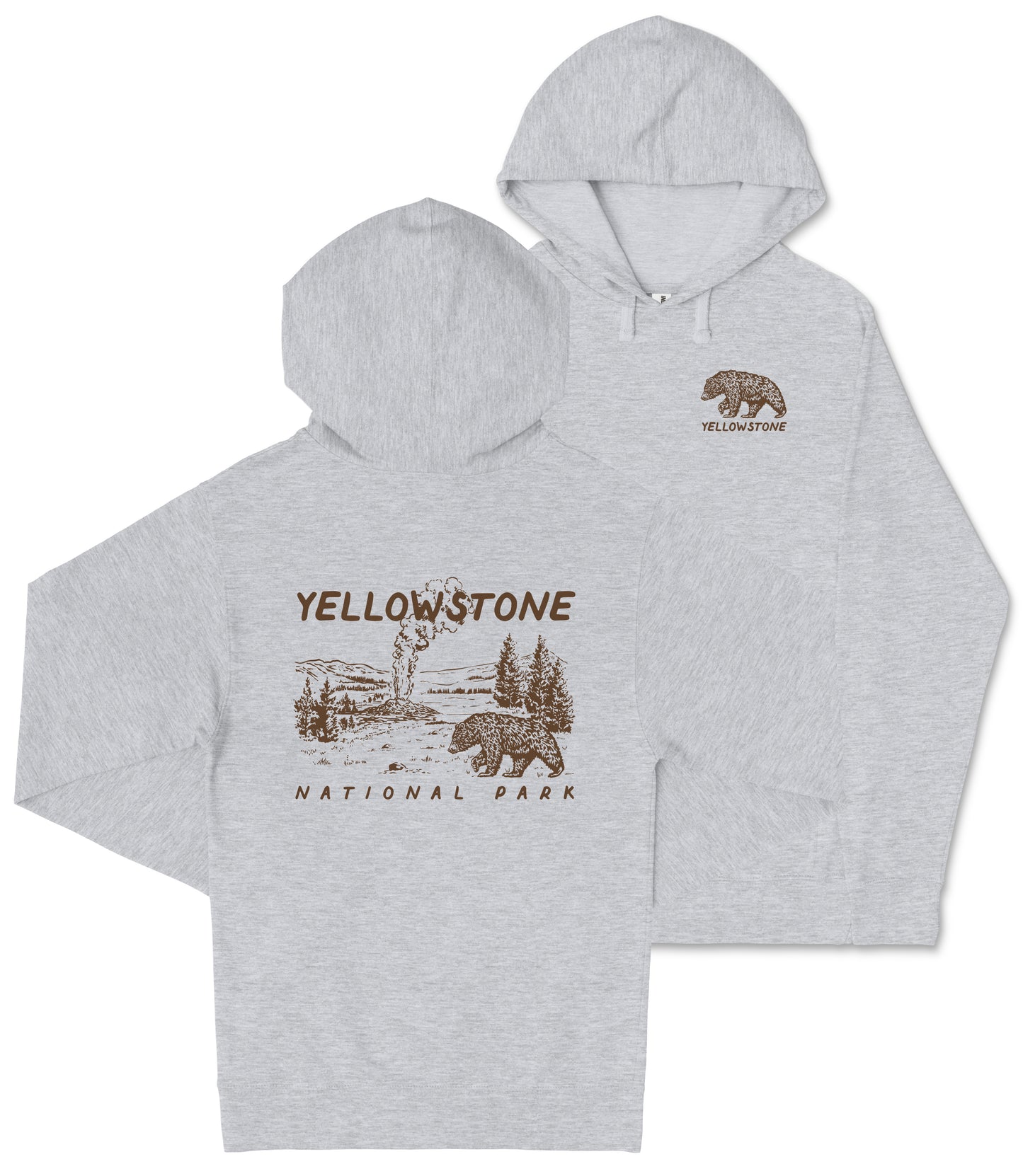 A grey hooded sweatshirt with a graphic design depicting a bear and the text "Yellowstone National Park" printed on it.