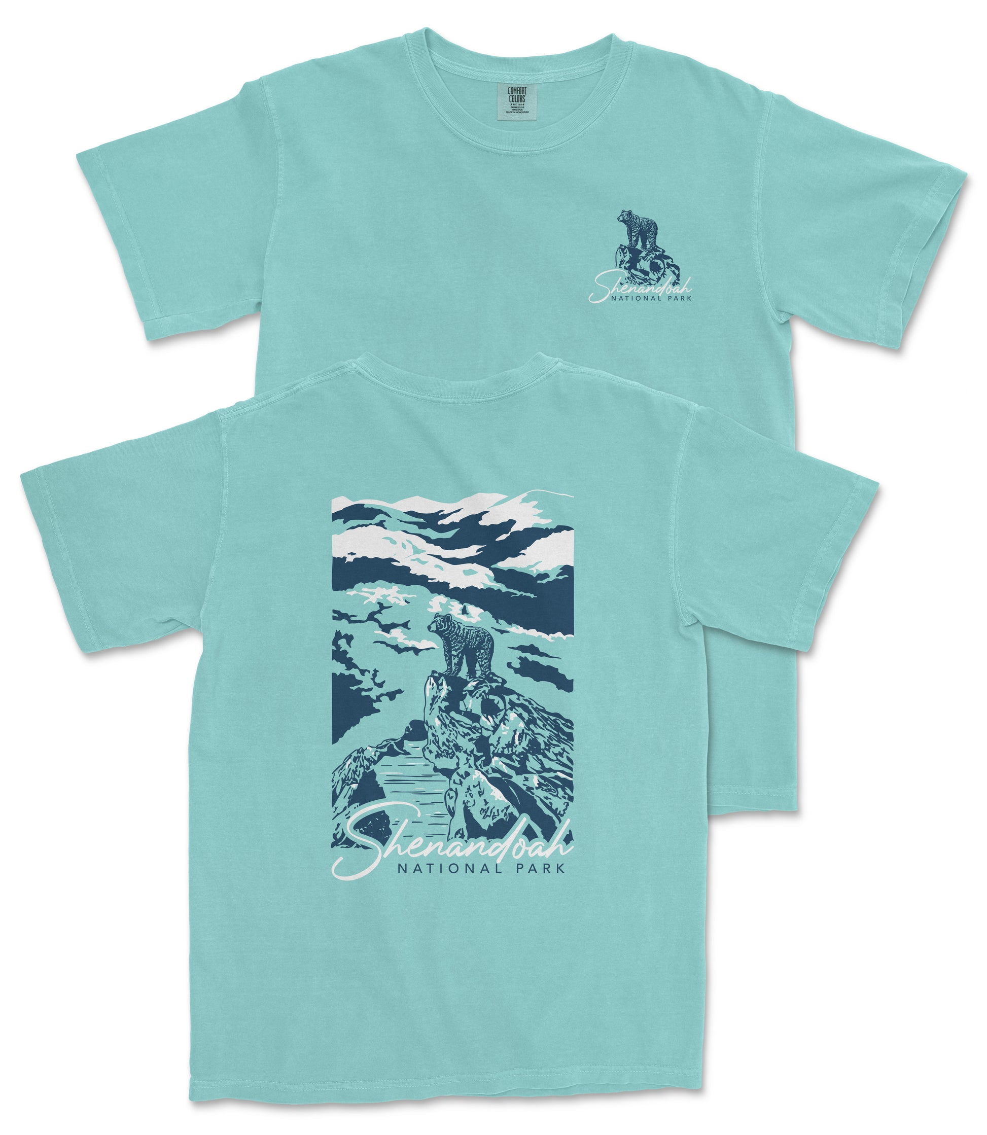 A turquoise t-shirt with a graphic design depicting a mountain landscape and a bear. The text on the t-shirt reads "Sterling National Park".
