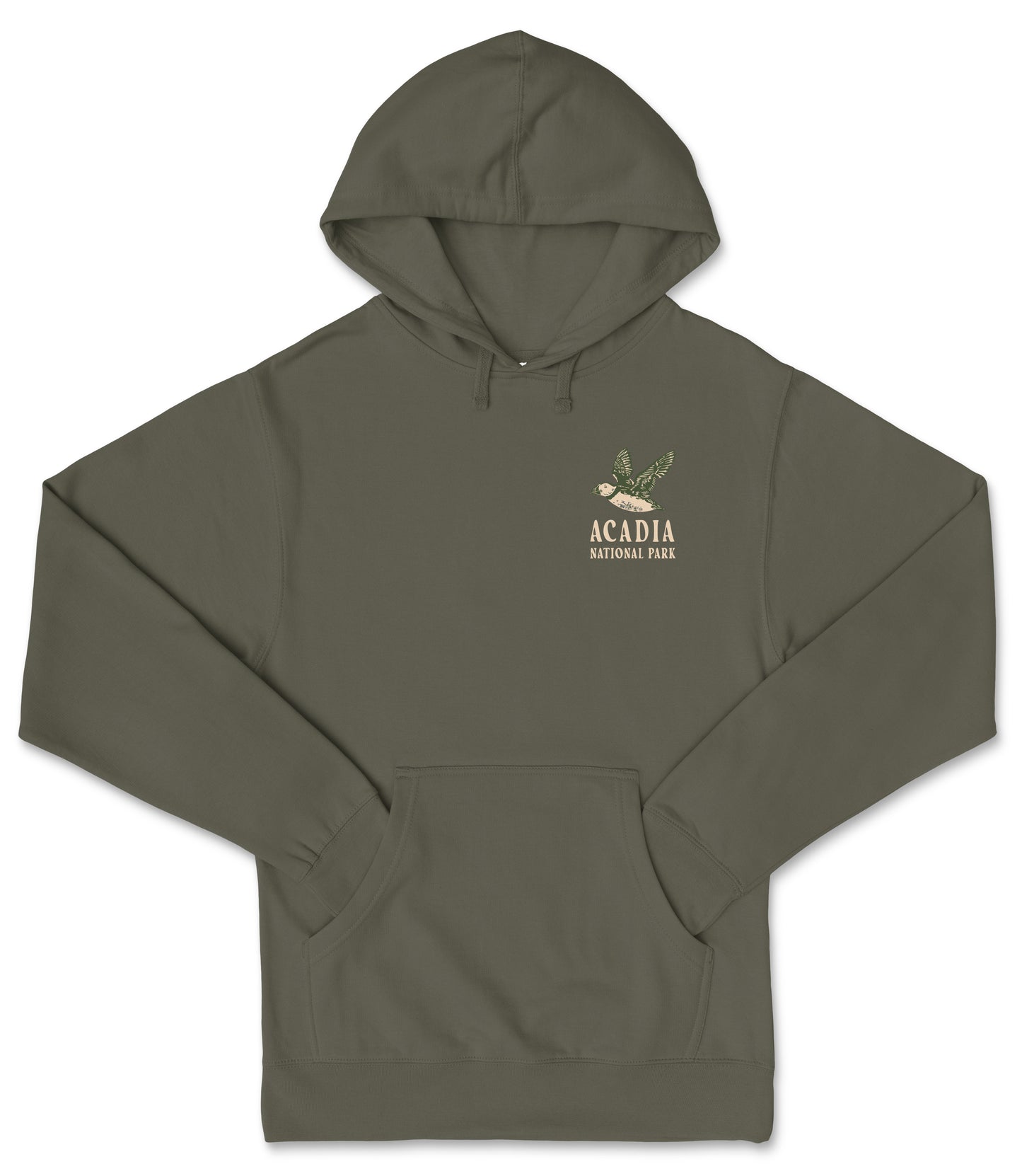 A dark green hooded sweatshirt with the text "ACADEMIA NATIONAL PARK" printed on the front.