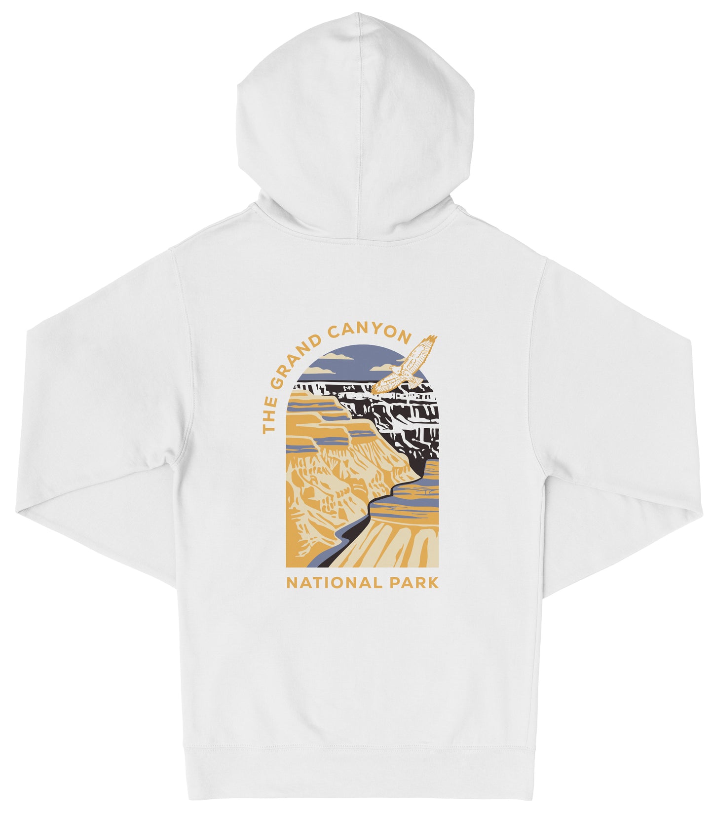 A white hooded sweatshirt with a graphic design depicting the Grand Canyon and the text "The Grand Canyon National Park" printed on it.