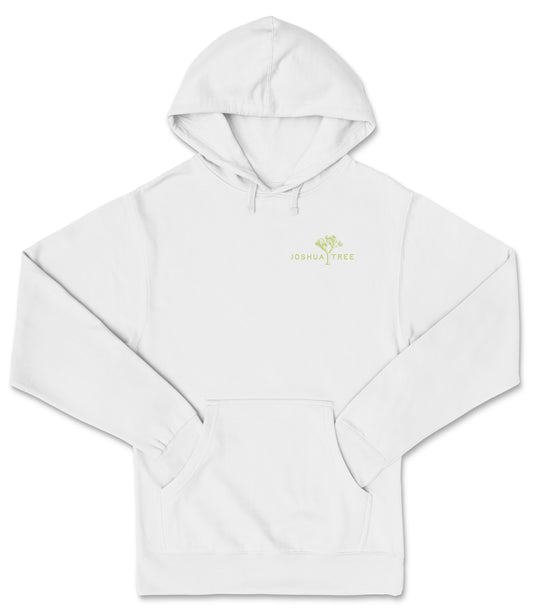 A white hoodie with a logo on the front.