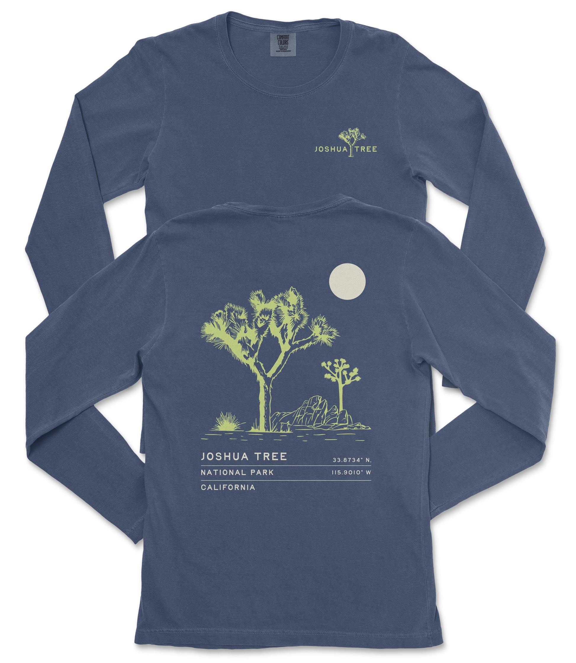 a blue long-sleeved t-shirt with a graphic design depicting a tree and a moon on the back.