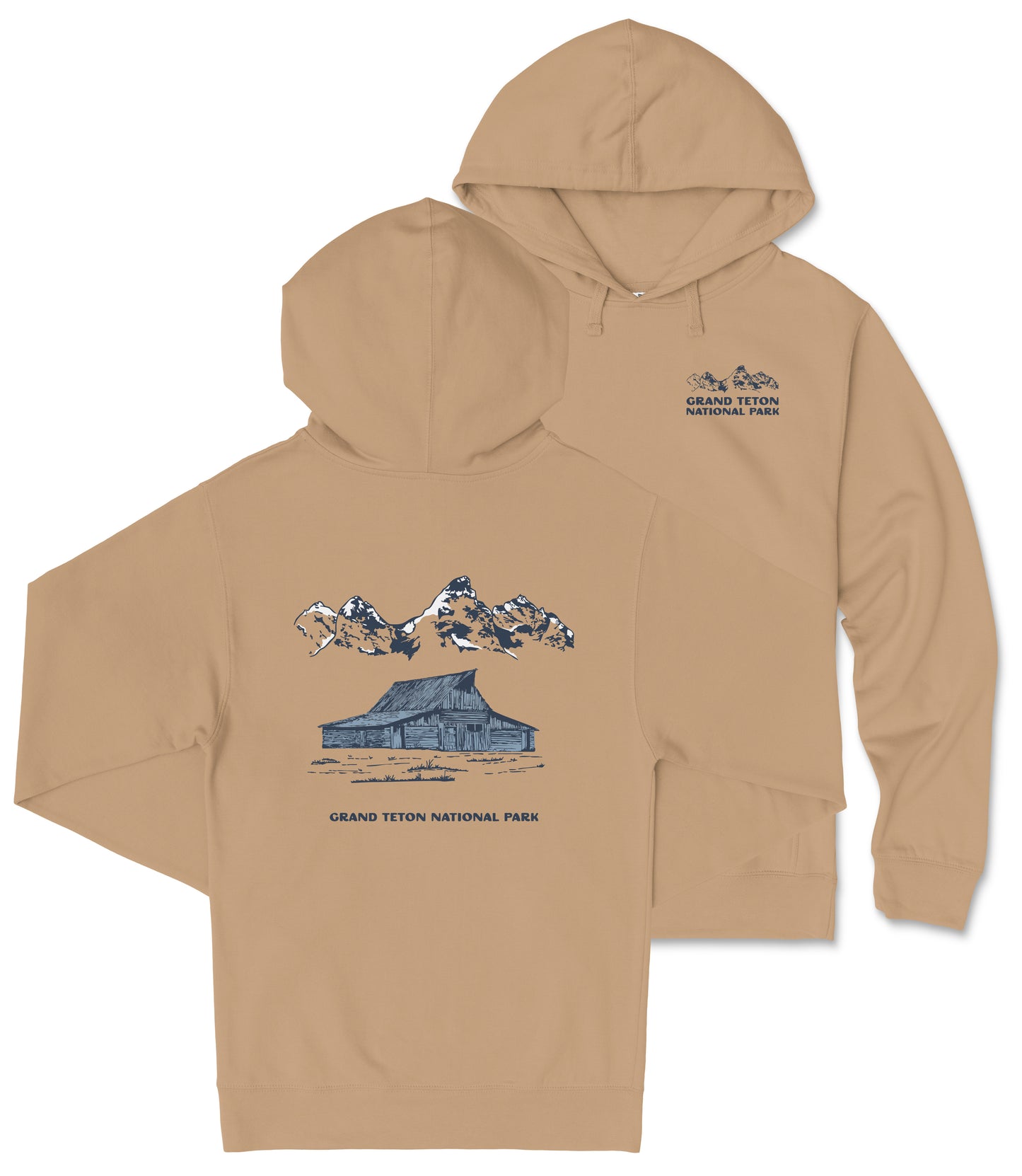 A beige hoodie with a graphic design depicting a cabin and mountains, along with text that reads "Grand Teton National Park".
