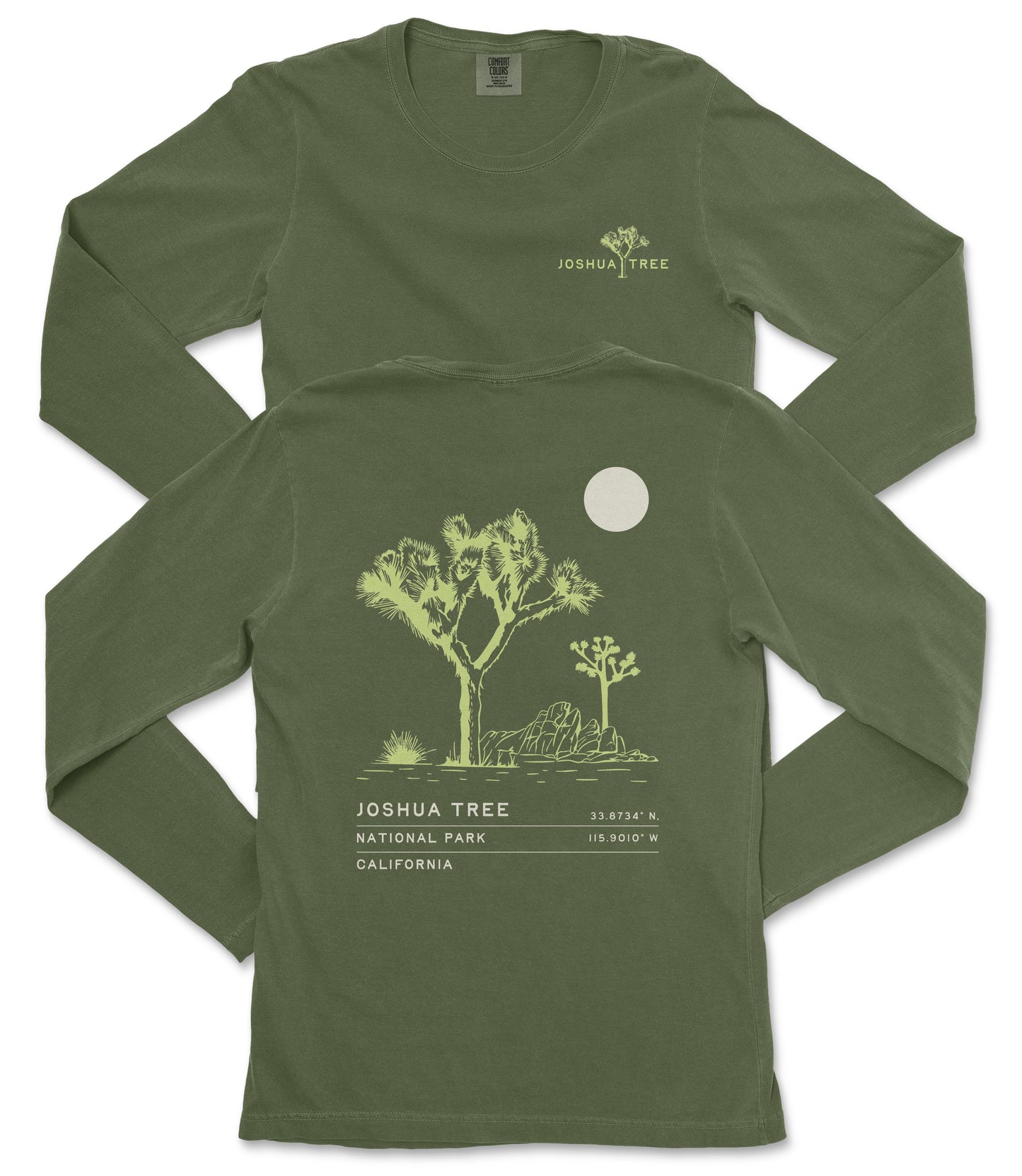 a green long-sleeved t-shirt with a graphic design depicting a Joshua tree and a full moon.