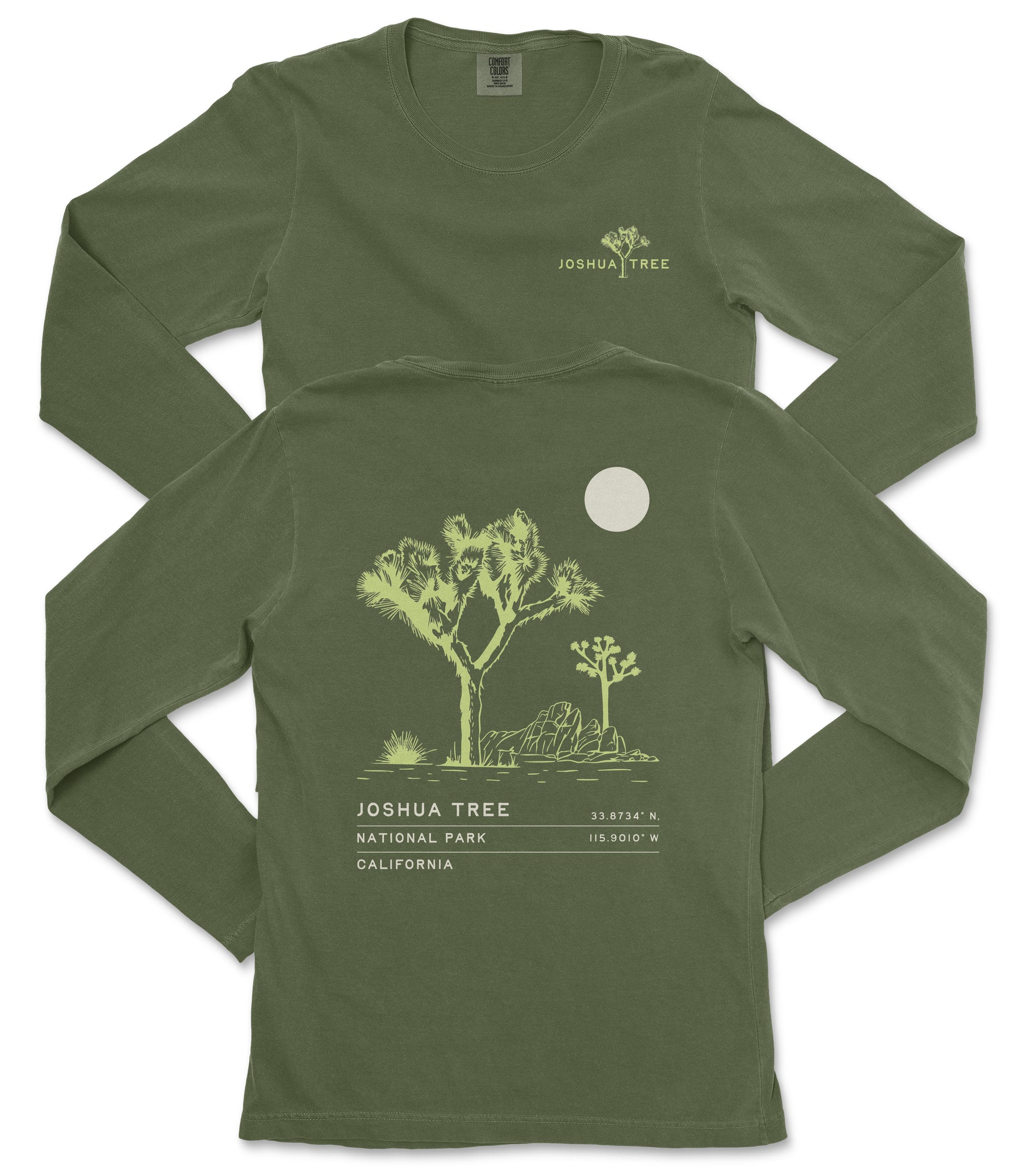 a green long-sleeved t-shirt with a graphic design depicting a Joshua tree and a full moon.
