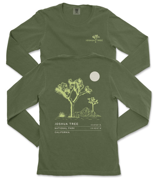 a green long-sleeved t-shirt with a graphic design depicting a Joshua tree and a full moon.