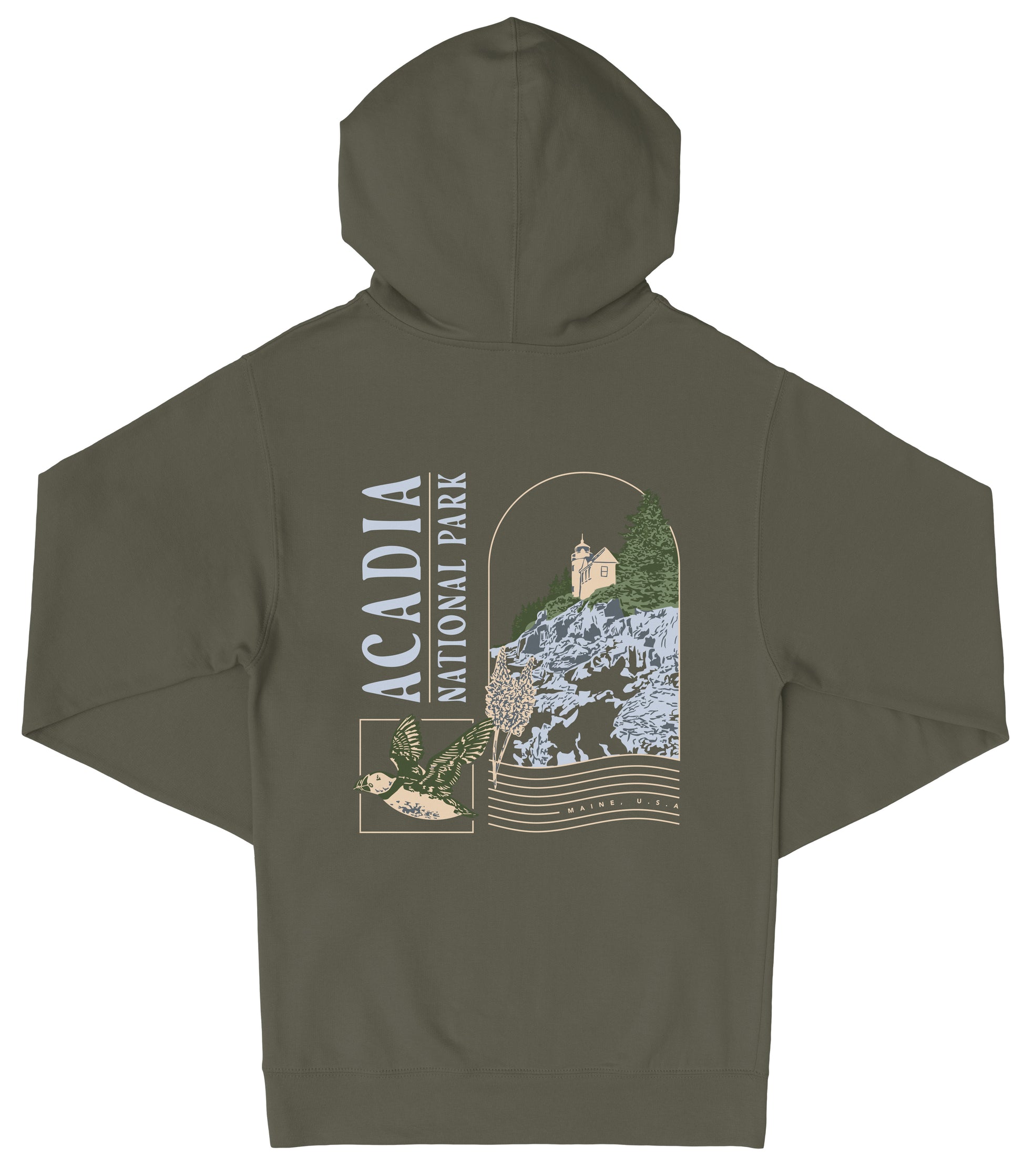 A dark green hooded sweatshirt with a graphic design on the back, depicting a scenic landscape with a castle, trees, and mountains.