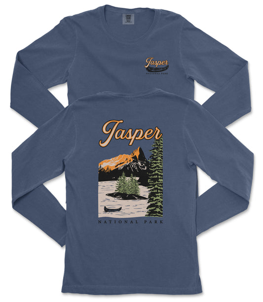 A long-sleeved blue t-shirt with a graphic design depicting a mountain landscape, featuring a canoe on a lake and the text "Jasper National Park".