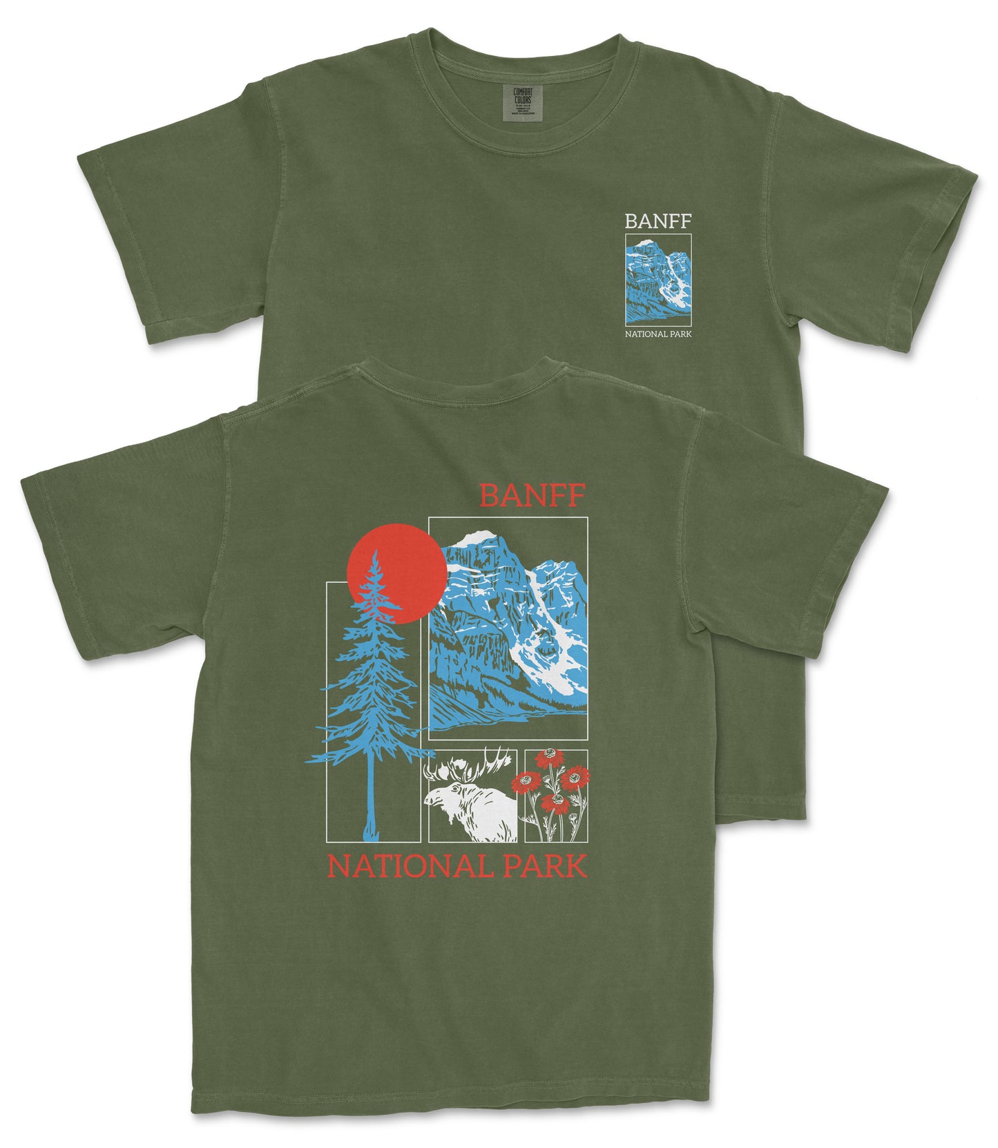 A green t-shirt with a graphic design featuring a mountain landscape, a red sun, and various wildlife elements. The text on the t-shirt reads "BANFF NATIONAL PARK".