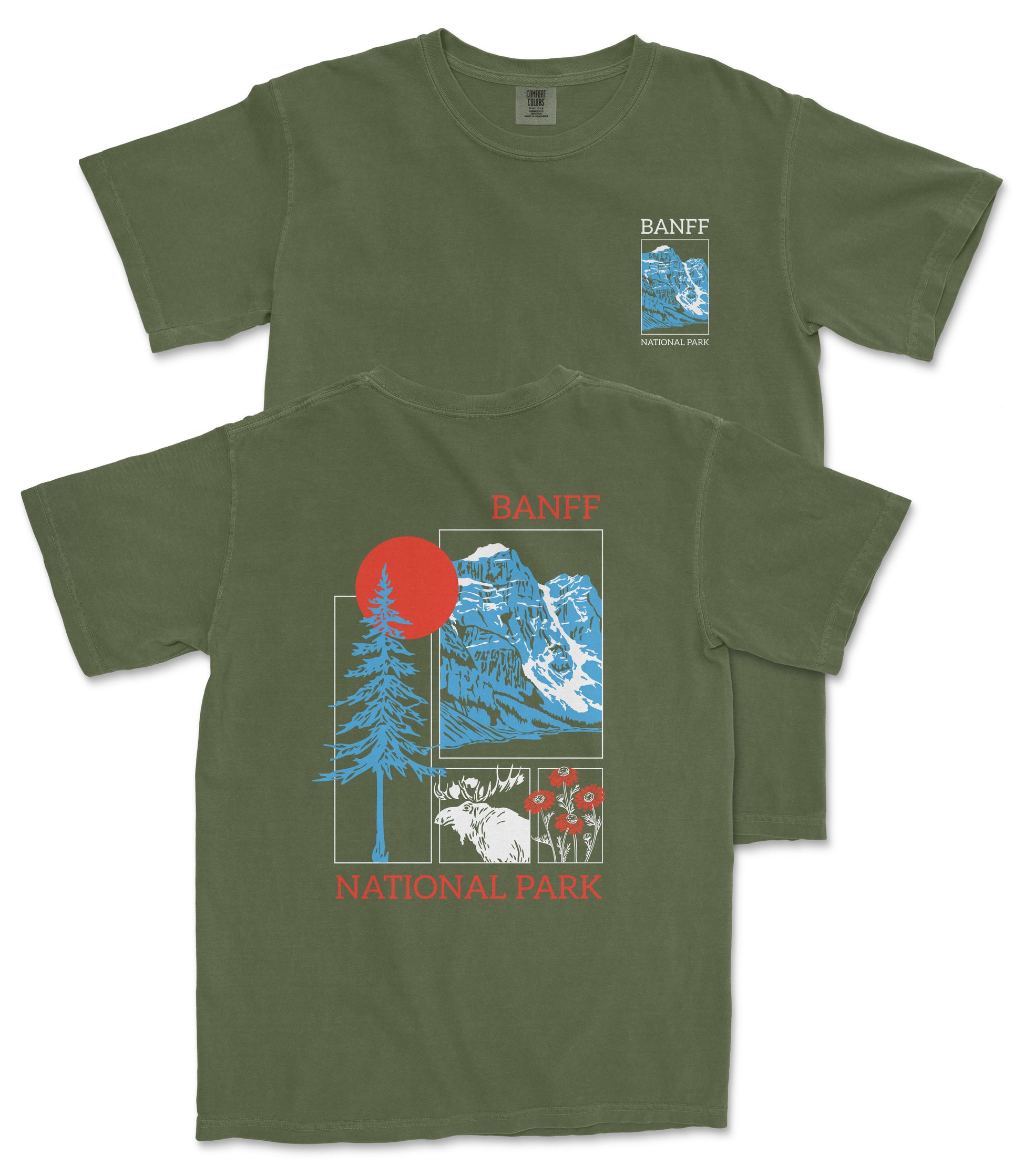 A green t-shirt with a graphic design featuring a mountain landscape, a red sun, and various wildlife elements. The text on the t-shirt reads "BANFF NATIONAL PARK".