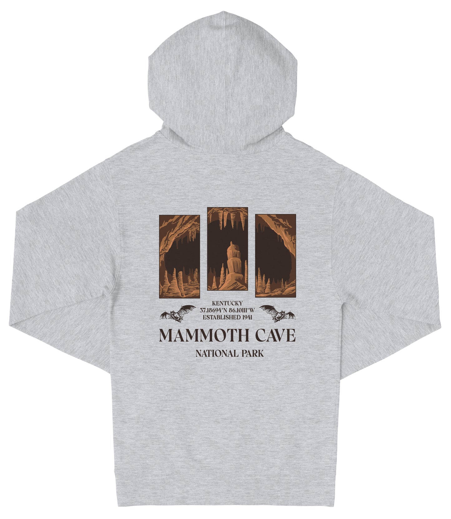 A grey hooded sweatshirt with a graphic design depicting the Mammoth Cave National Park in Kentucky.