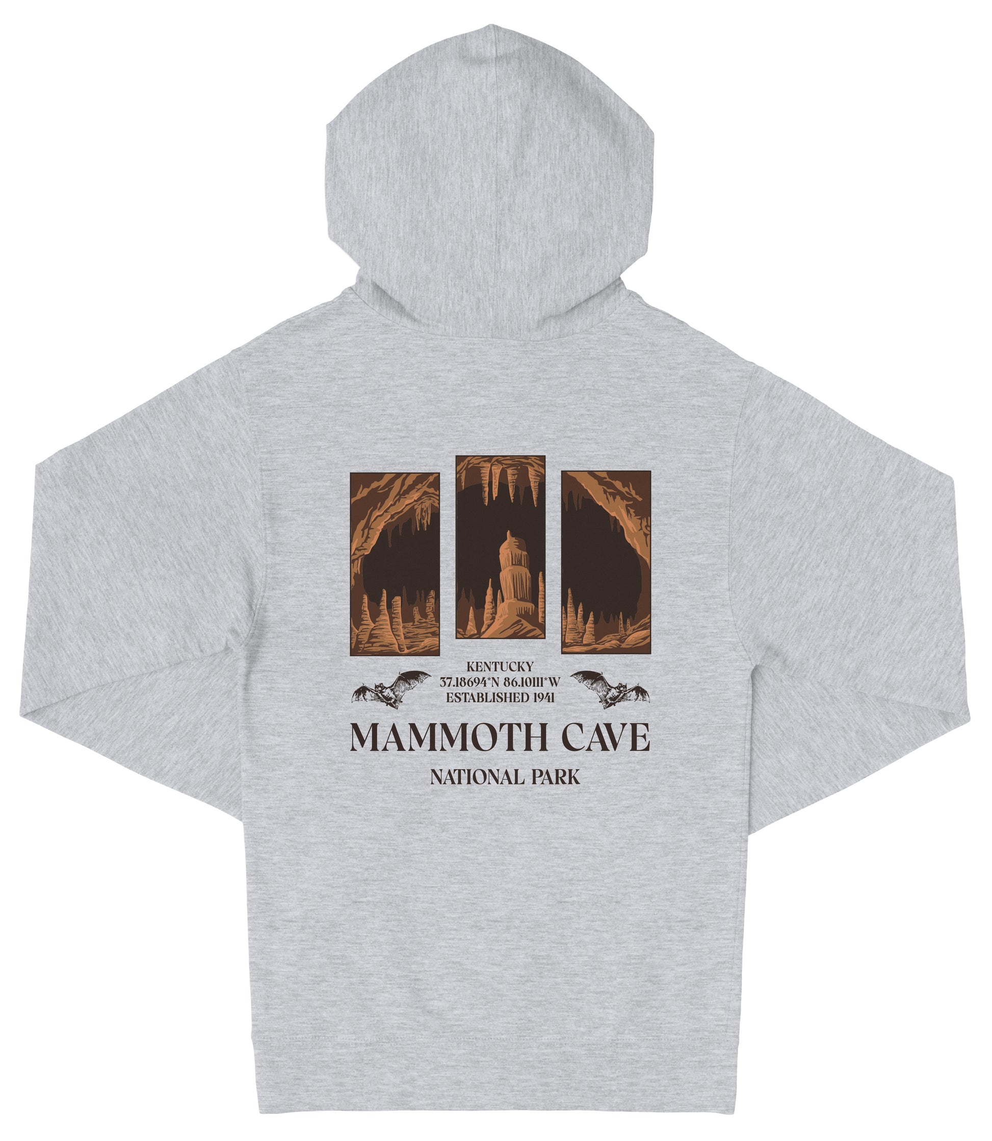 A grey hooded sweatshirt with a graphic design depicting the Mammoth Cave National Park in Kentucky.