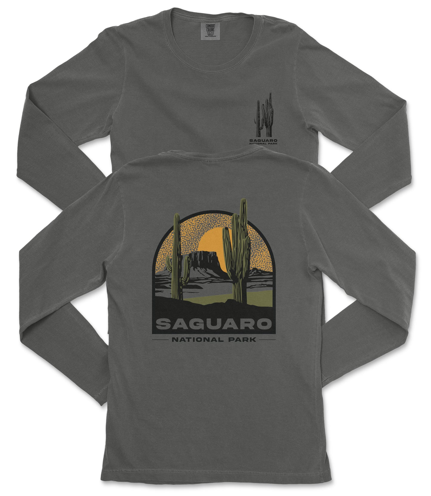 a gray long-sleeved t-shirt with a graphic design depicting a desert landscape with cacti and mountains, along with the text "Saguaro National Park".