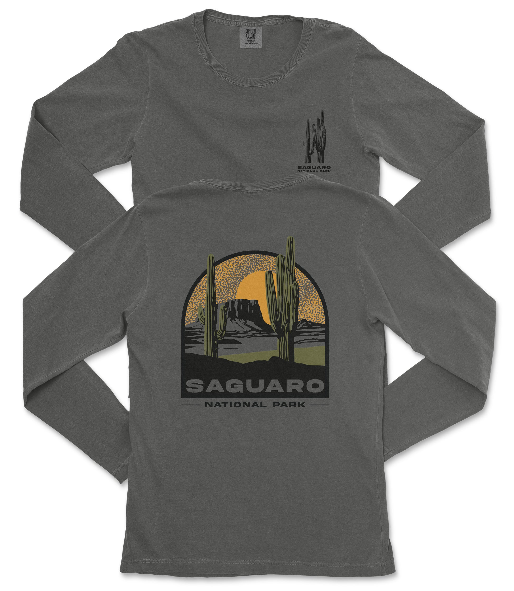 a gray long-sleeved t-shirt with a graphic design depicting a desert landscape with cacti and mountains, along with the text "Saguaro National Park".