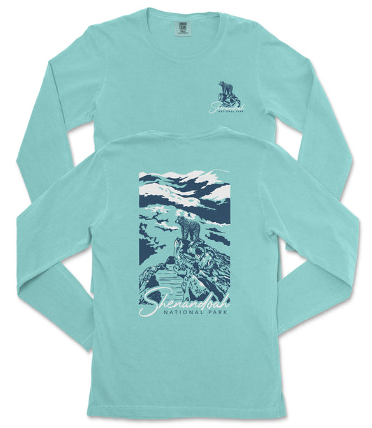 A turquoise long-sleeve t-shirt with a graphic design depicting a mountain landscape and a bear. The text on the t-shirt reads "Sterling National Park".