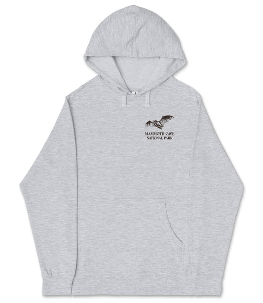 A gray hooded sweatshirt with a graphic design and text on the front.