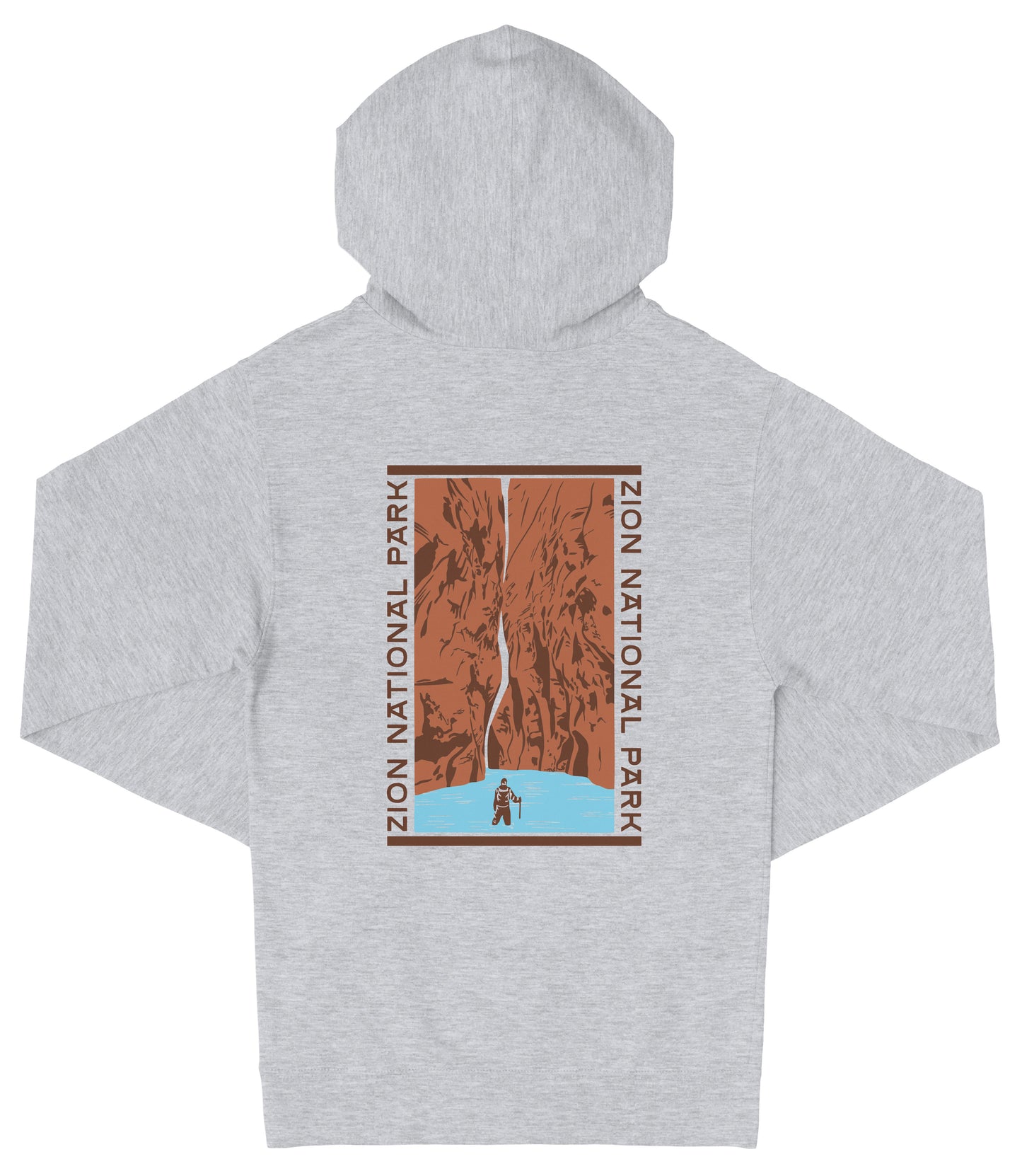 A gray hooded sweatshirt with a graphic design depicting a waterfall and a person standing in the water.