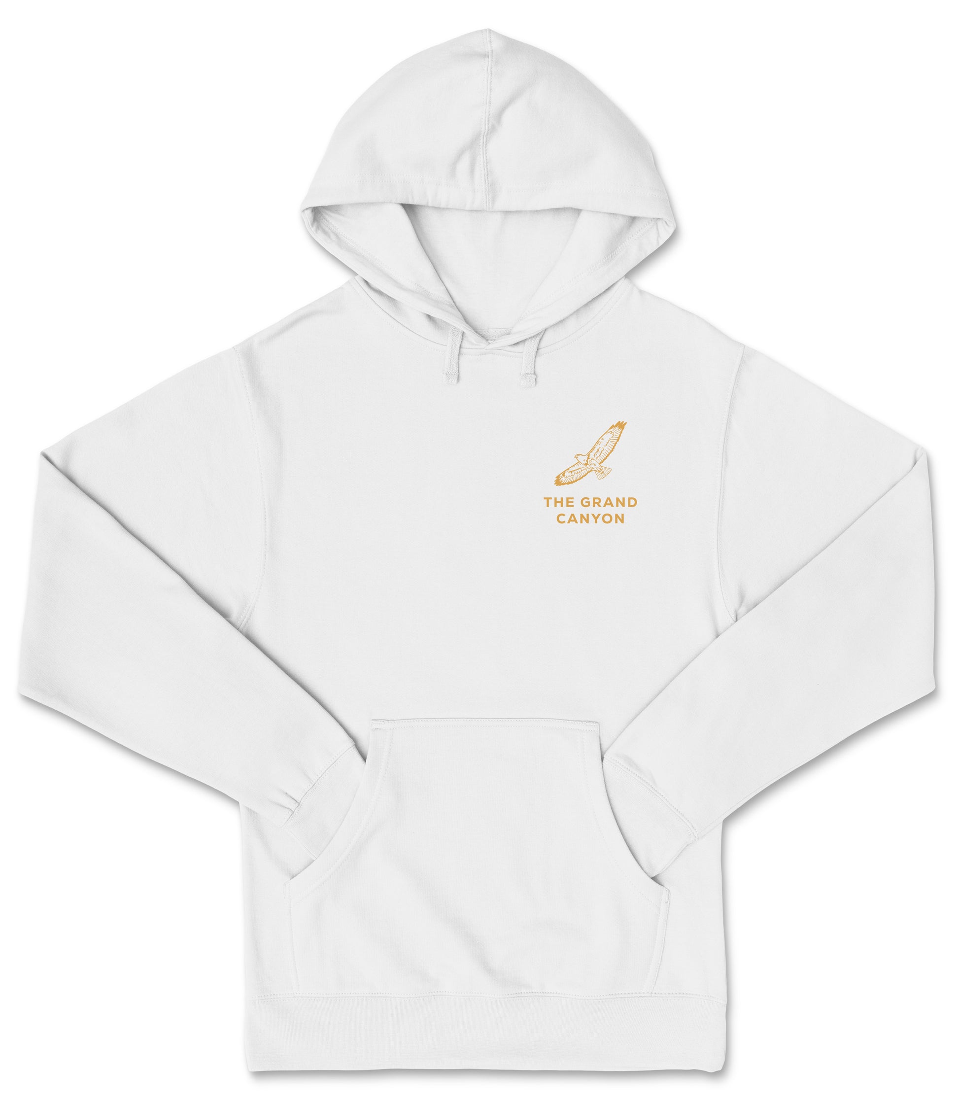 A white hoodie with an orange graphic and text on the front.
