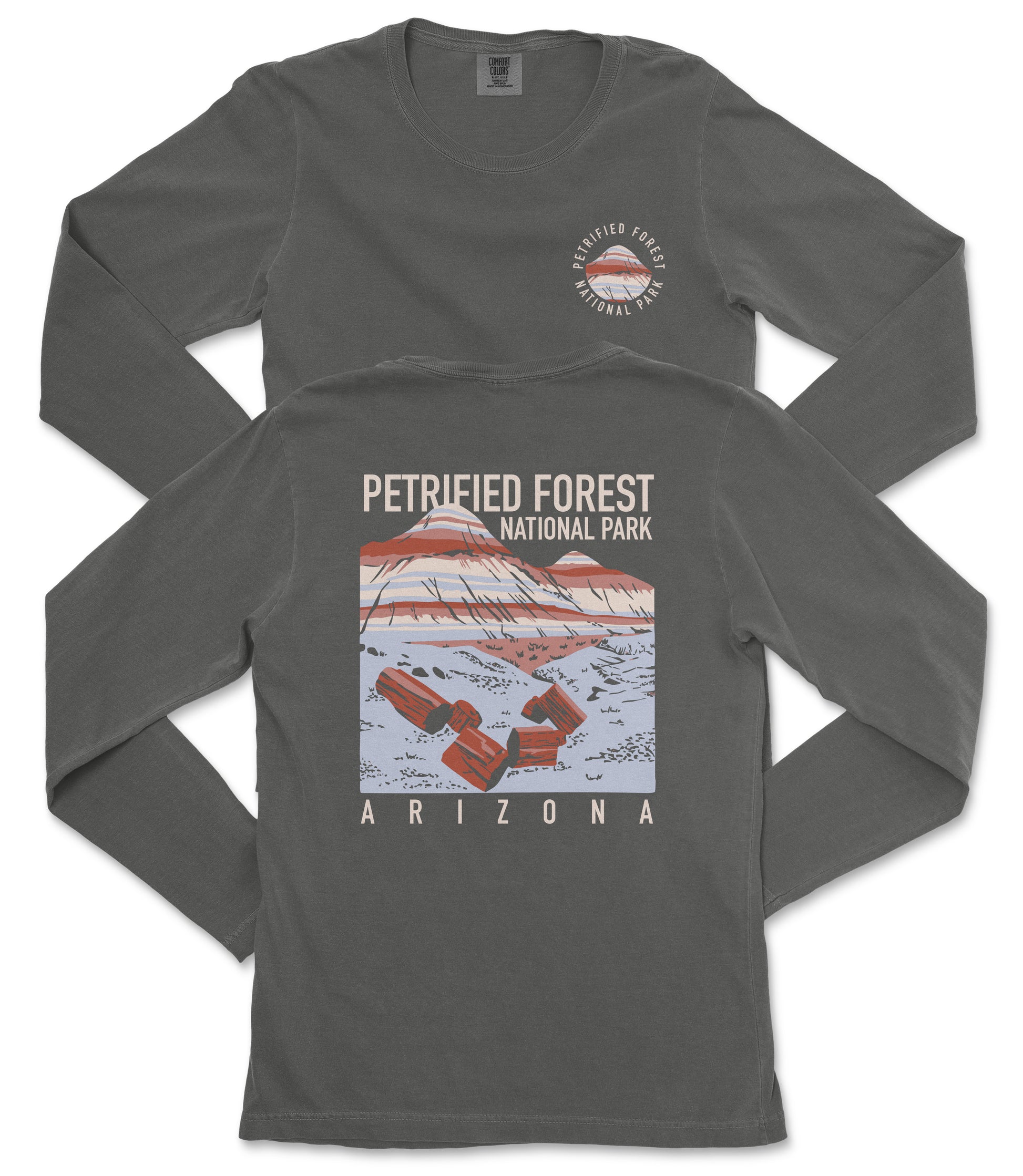 a gray long-sleeved t-shirt with a graphic design depicting a mountain range and the text "Petrified Forest National Park Arizona" printed on it.