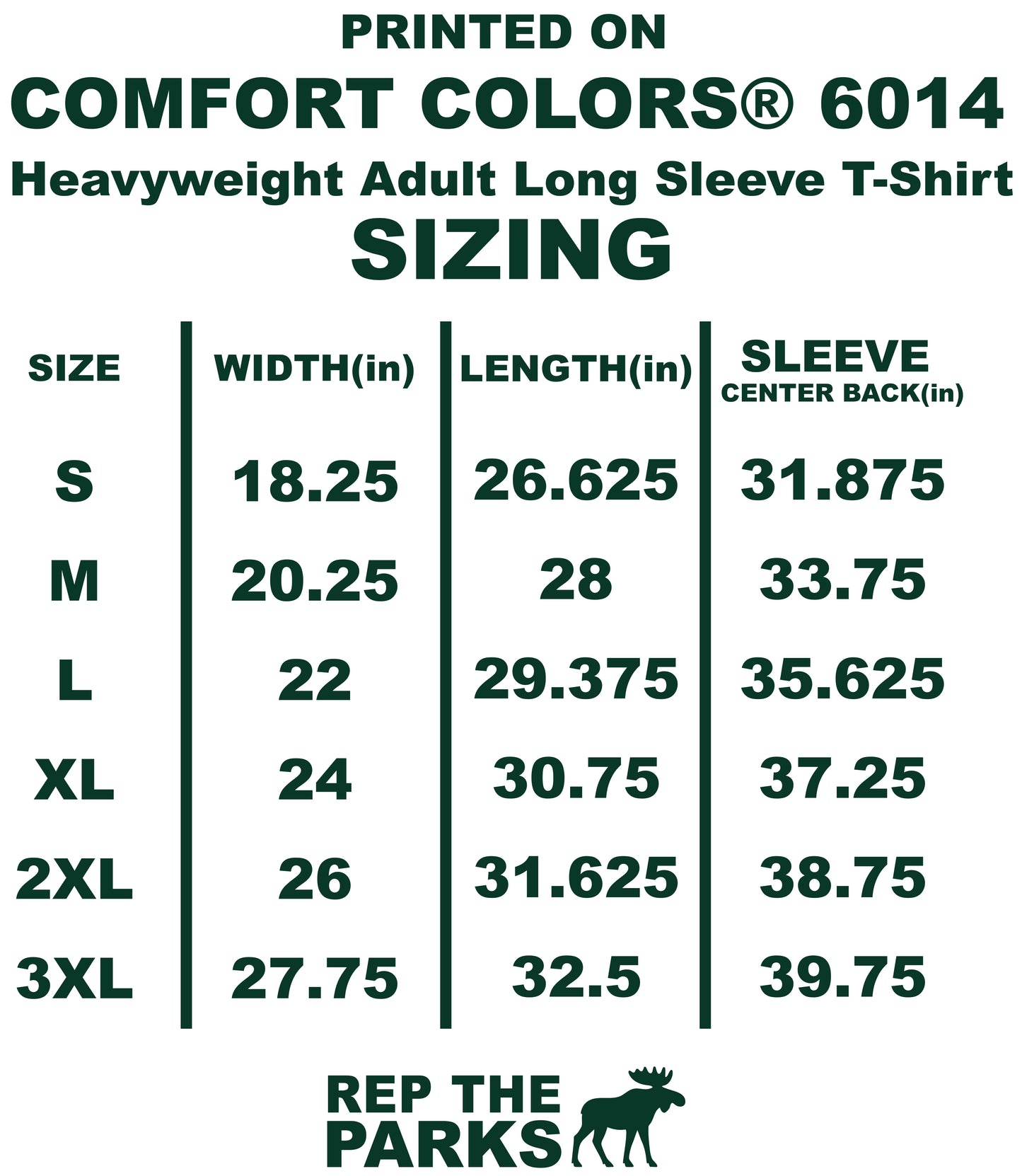 The image is a printed advertisement for a heavyweight adult long sleeve t-shirt, providing size and width information for different shirt sizes.