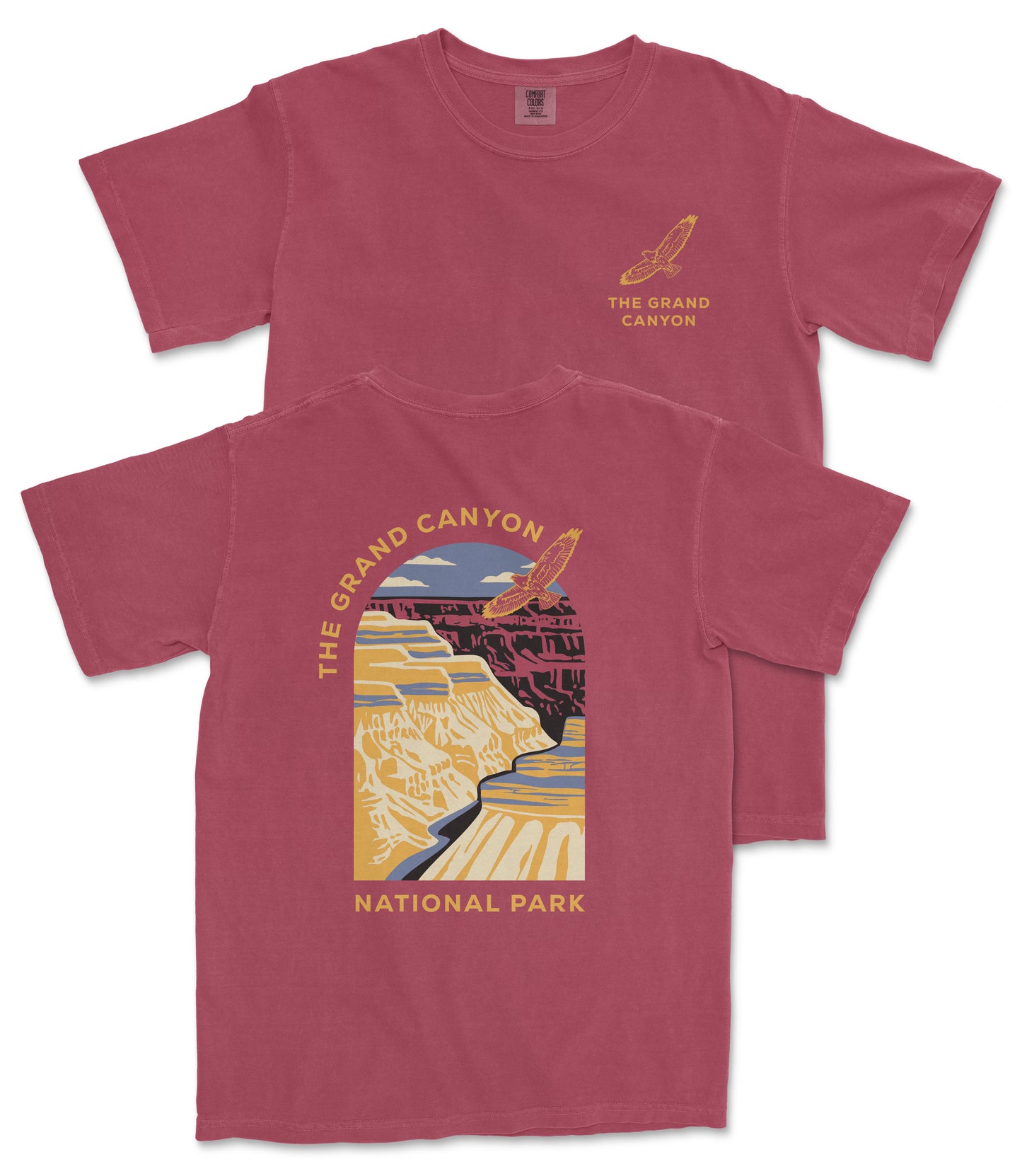 A red t-shirt with a graphic design depicting the Grand Canyon, which is a national park.