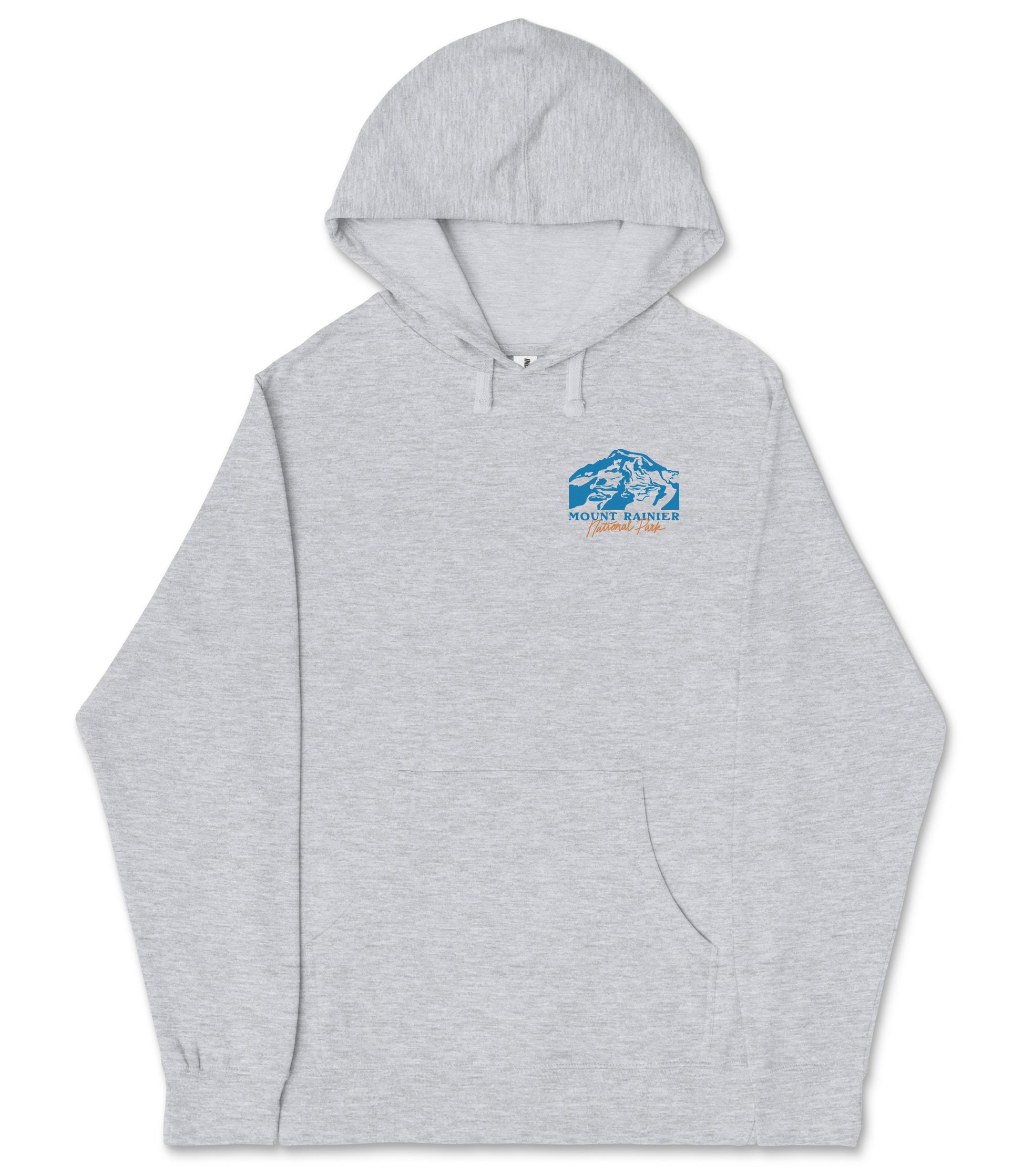 A gray hooded sweatshirt with a logo on the left side.