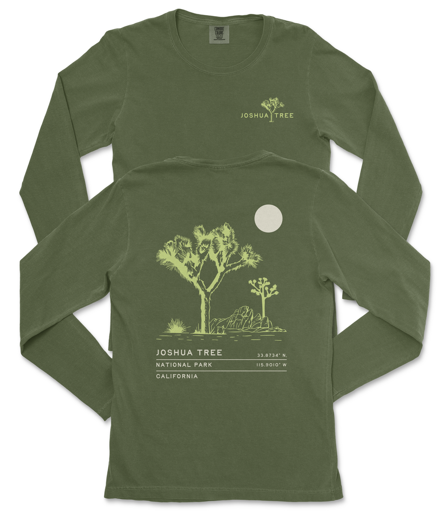 a green long-sleeved t-shirt with a graphic design depicting a tree and a moon on the back.