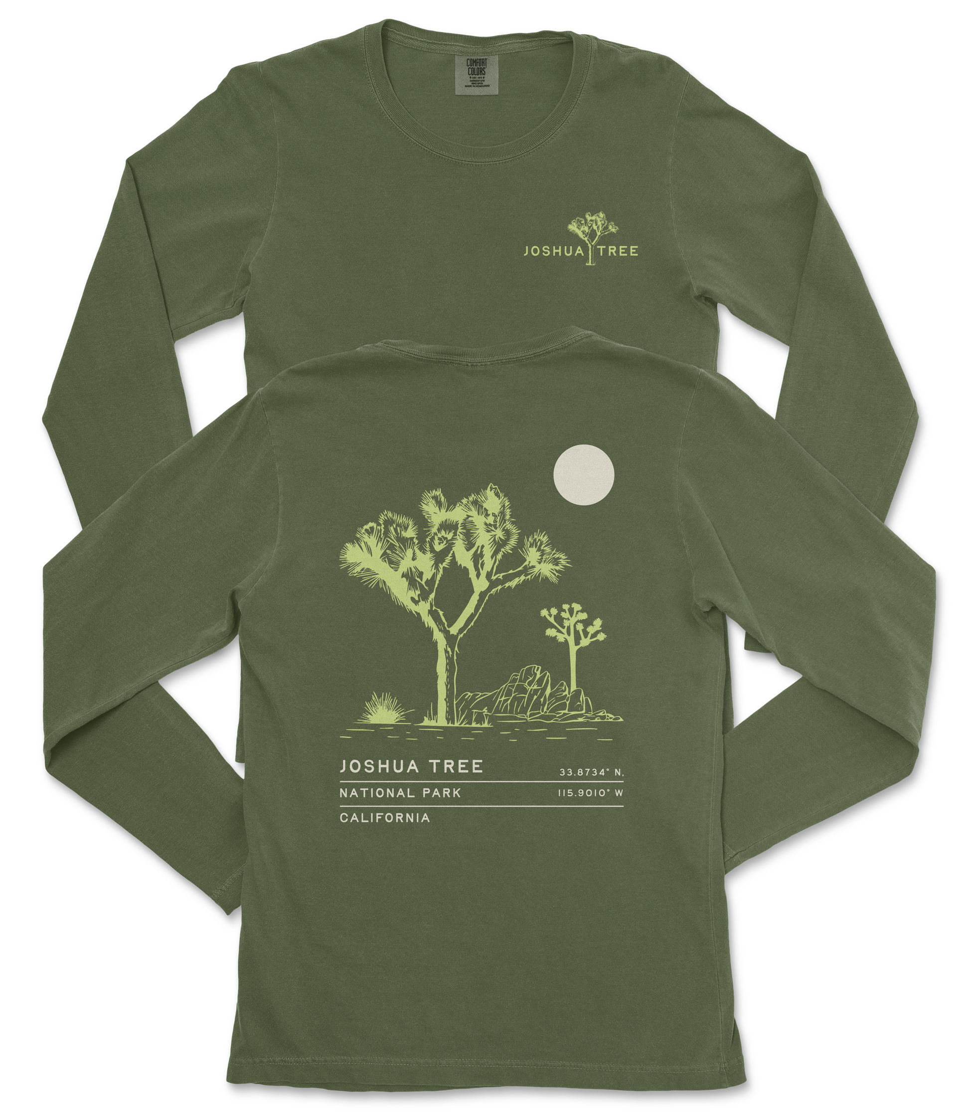 a green long-sleeved t-shirt with a graphic design depicting a tree and a moon on the back.