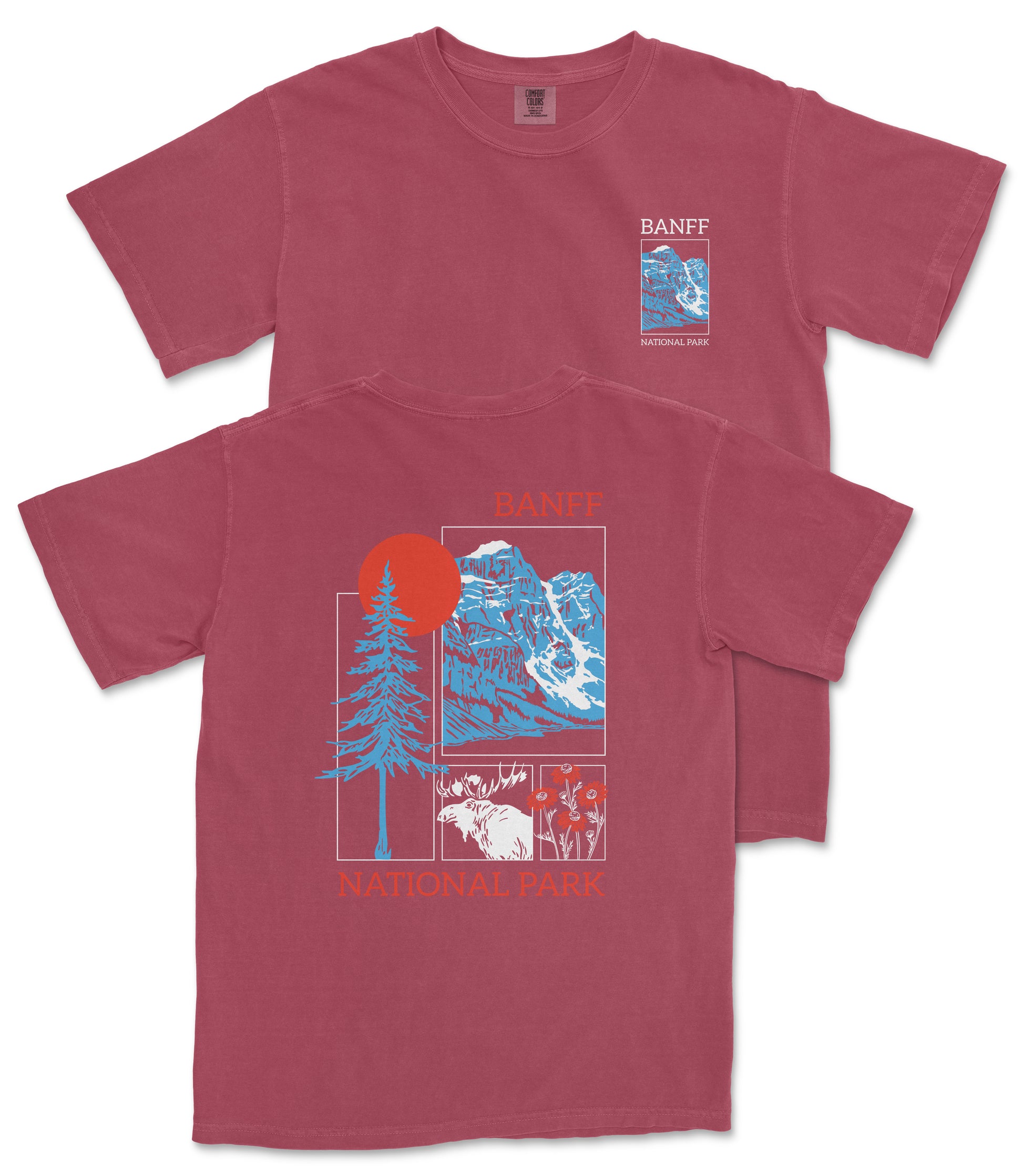 a red t-shirt with a graphic design depicting a mountain landscape, including a sun, pine trees, and a bear. The text on the t-shirt reads "BANFF NATIONAL PARK".