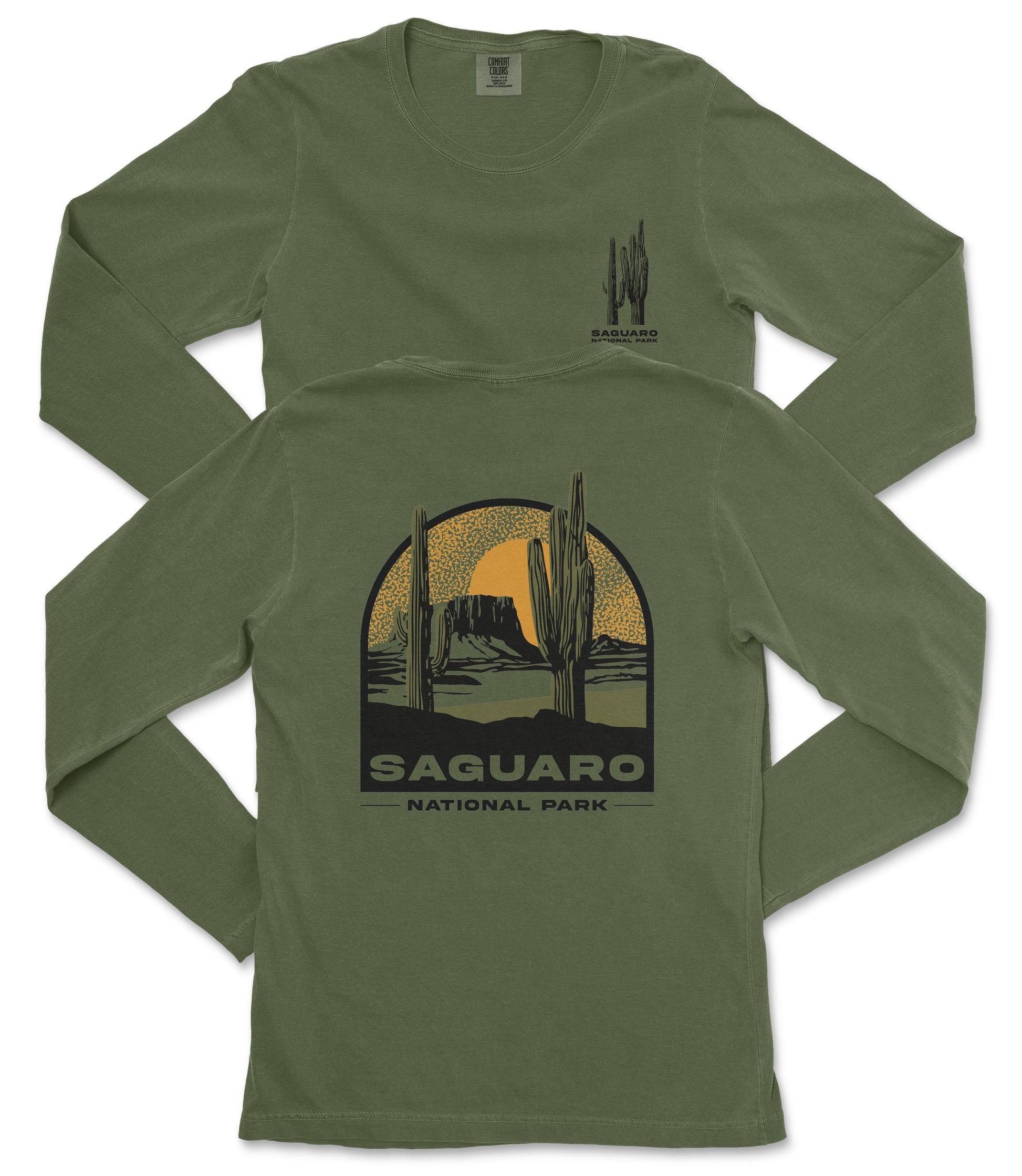 A green long-sleeved t-shirt with a graphic design depicting a desert landscape with a cactus and a sunset.