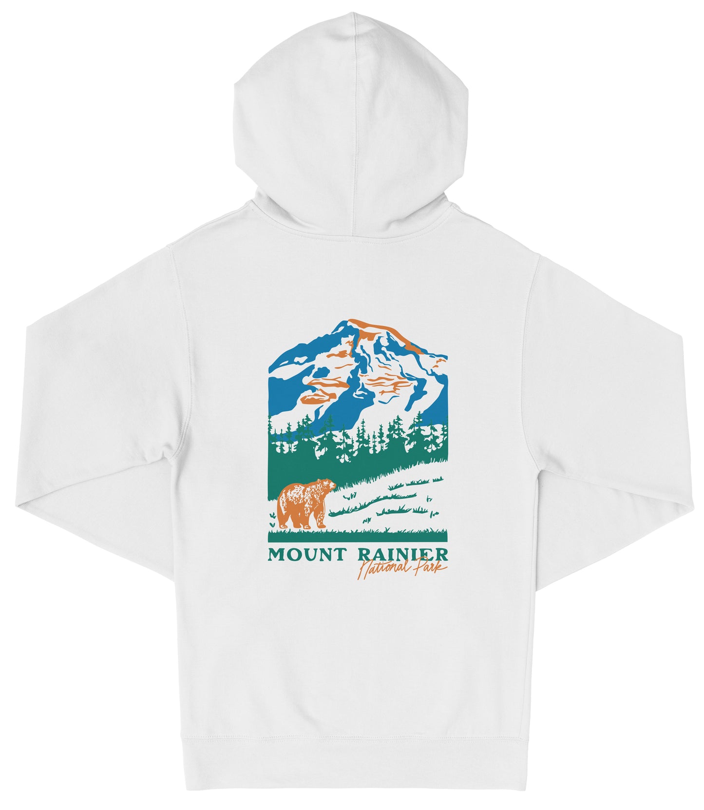 A white hooded sweatshirt with a graphic design depicting a mountain landscape with a bear in the foreground.