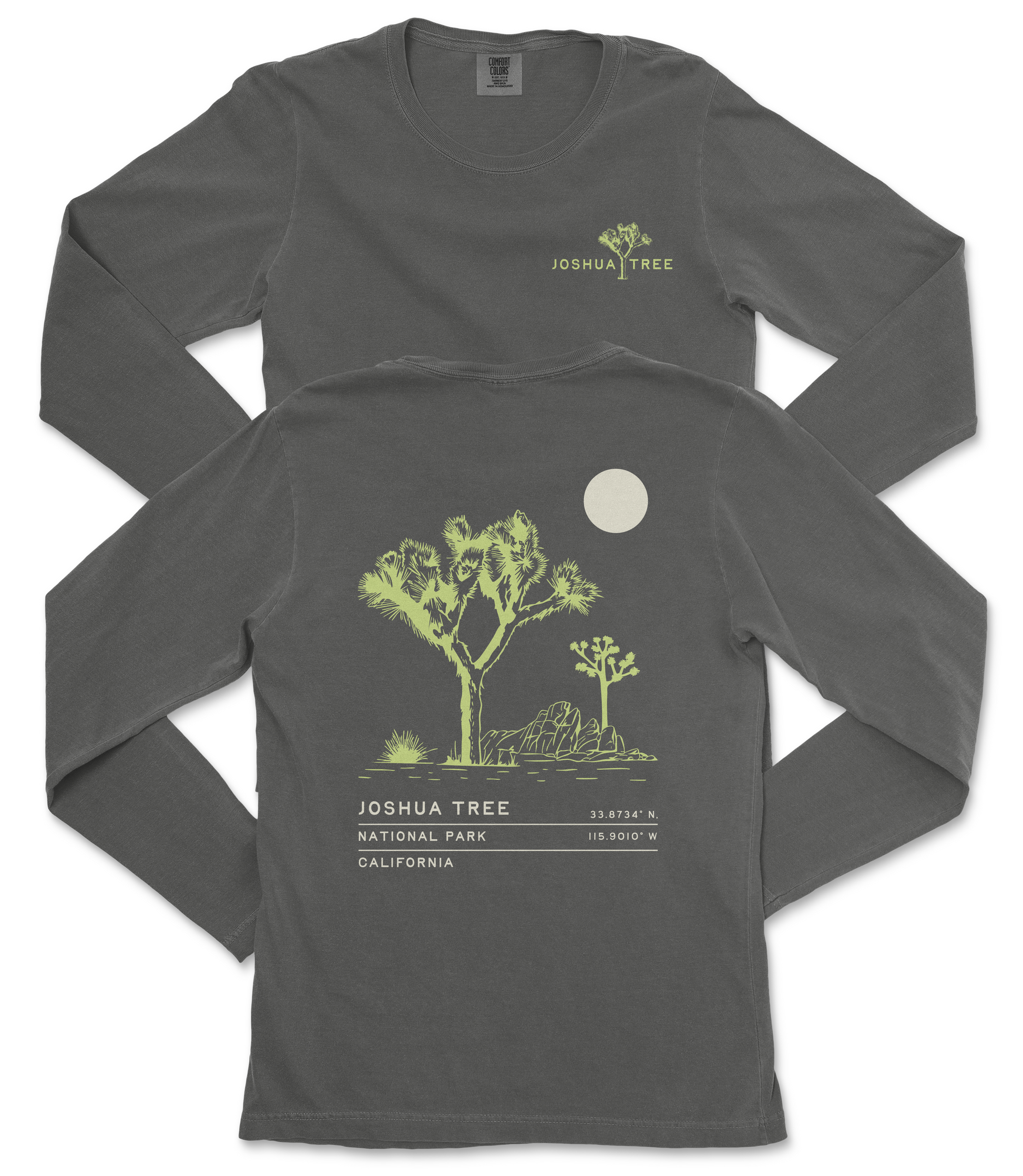 a gray long-sleeved t-shirt with a graphic design depicting a tree and a moon on the back.