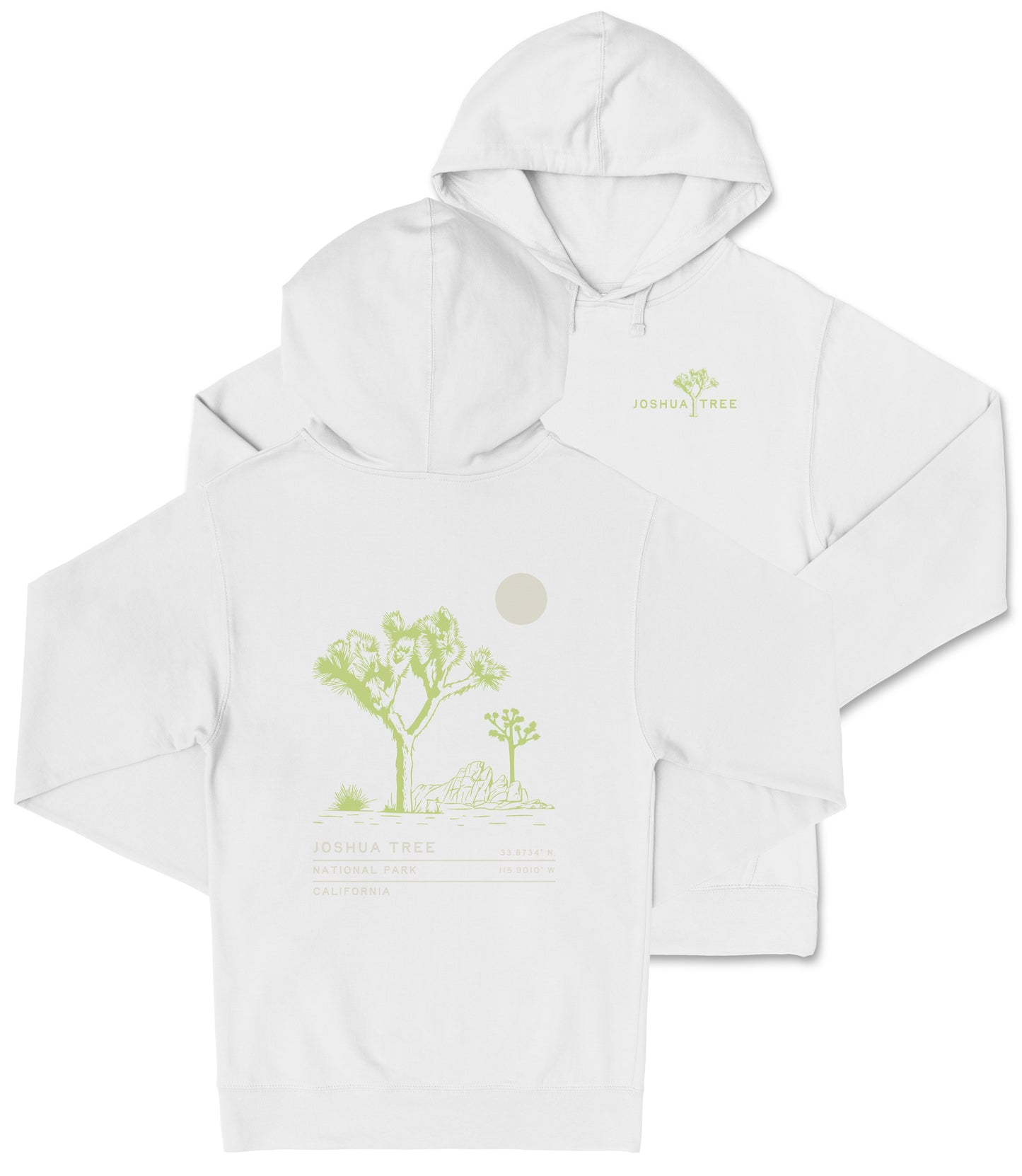 A white hooded sweatshirt with a graphic design depicting a desert landscape with a tree and a moon.