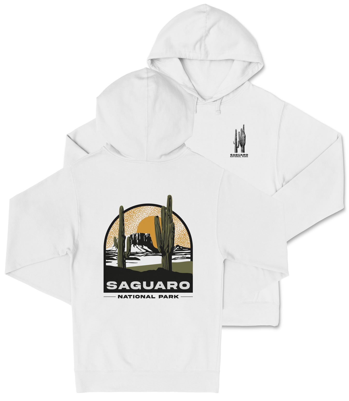 A white hooded sweatshirt with a graphic design depicting a desert landscape with cacti and mountains, along with the text "Saguaro National Park".