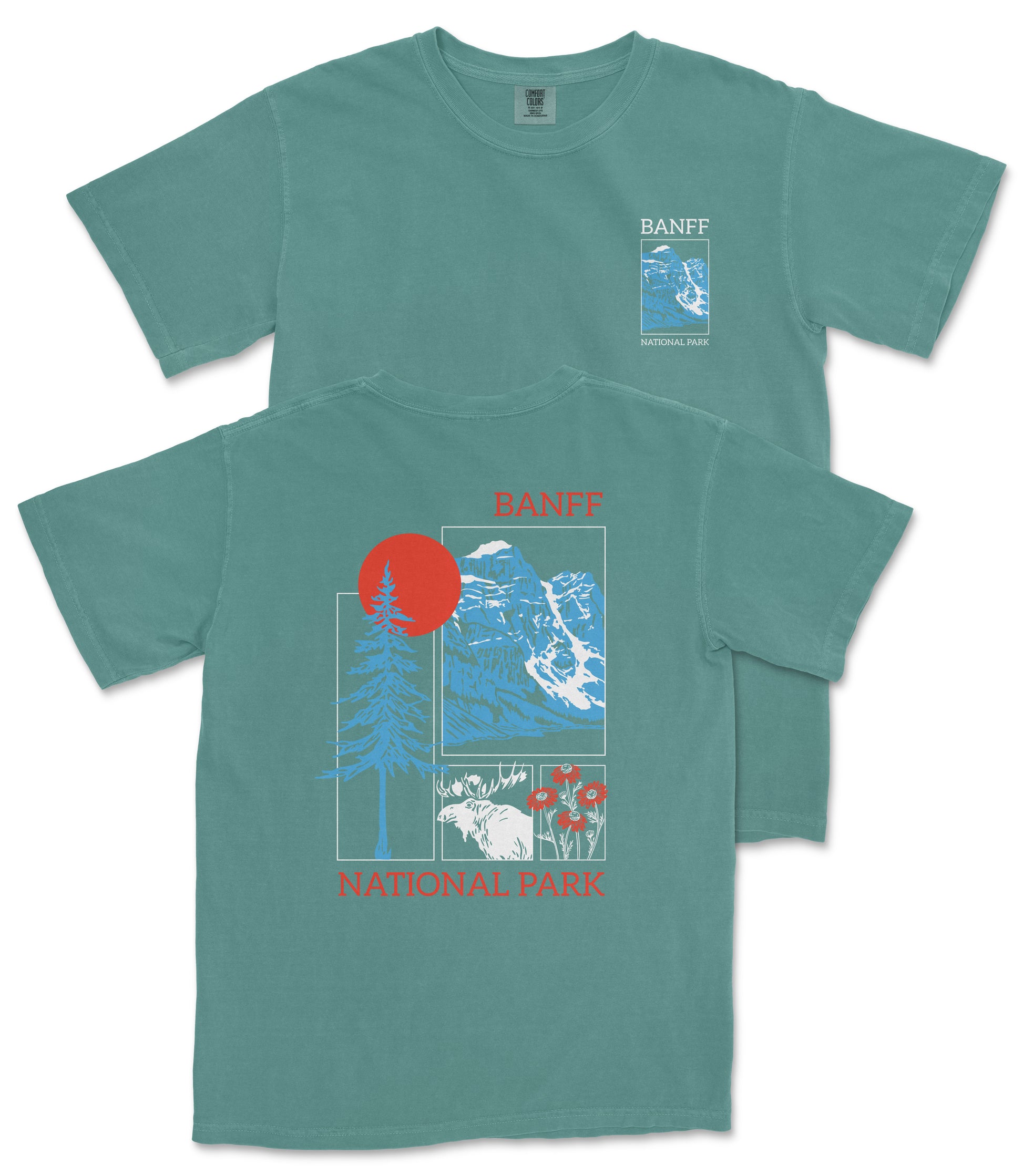 A green t-shirt with a graphic design featuring a mountain landscape, a red sun, and various wildlife elements.