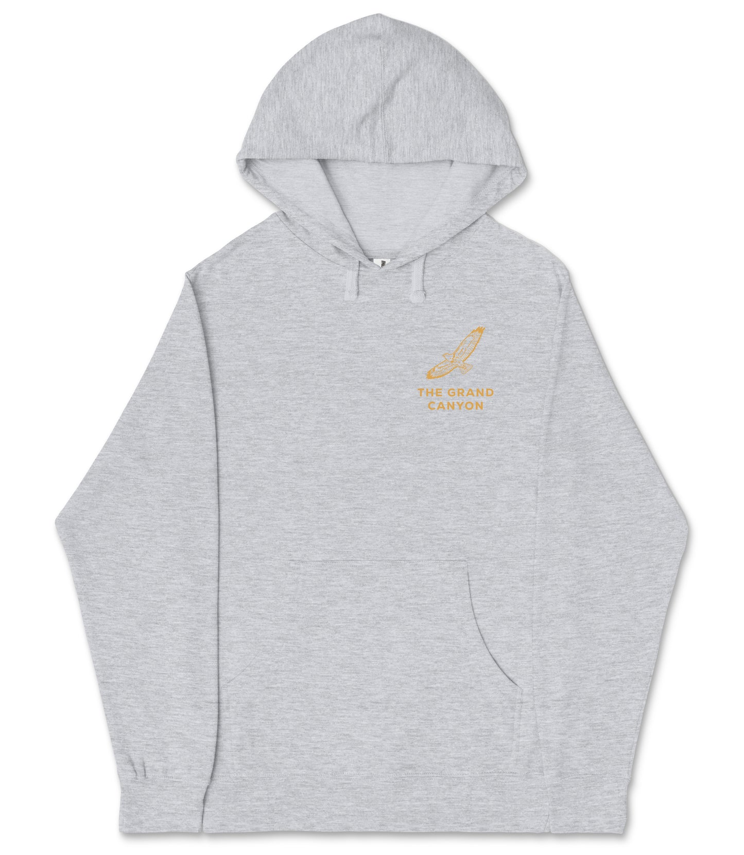 A gray hooded sweatshirt with a graphic design on the left side.