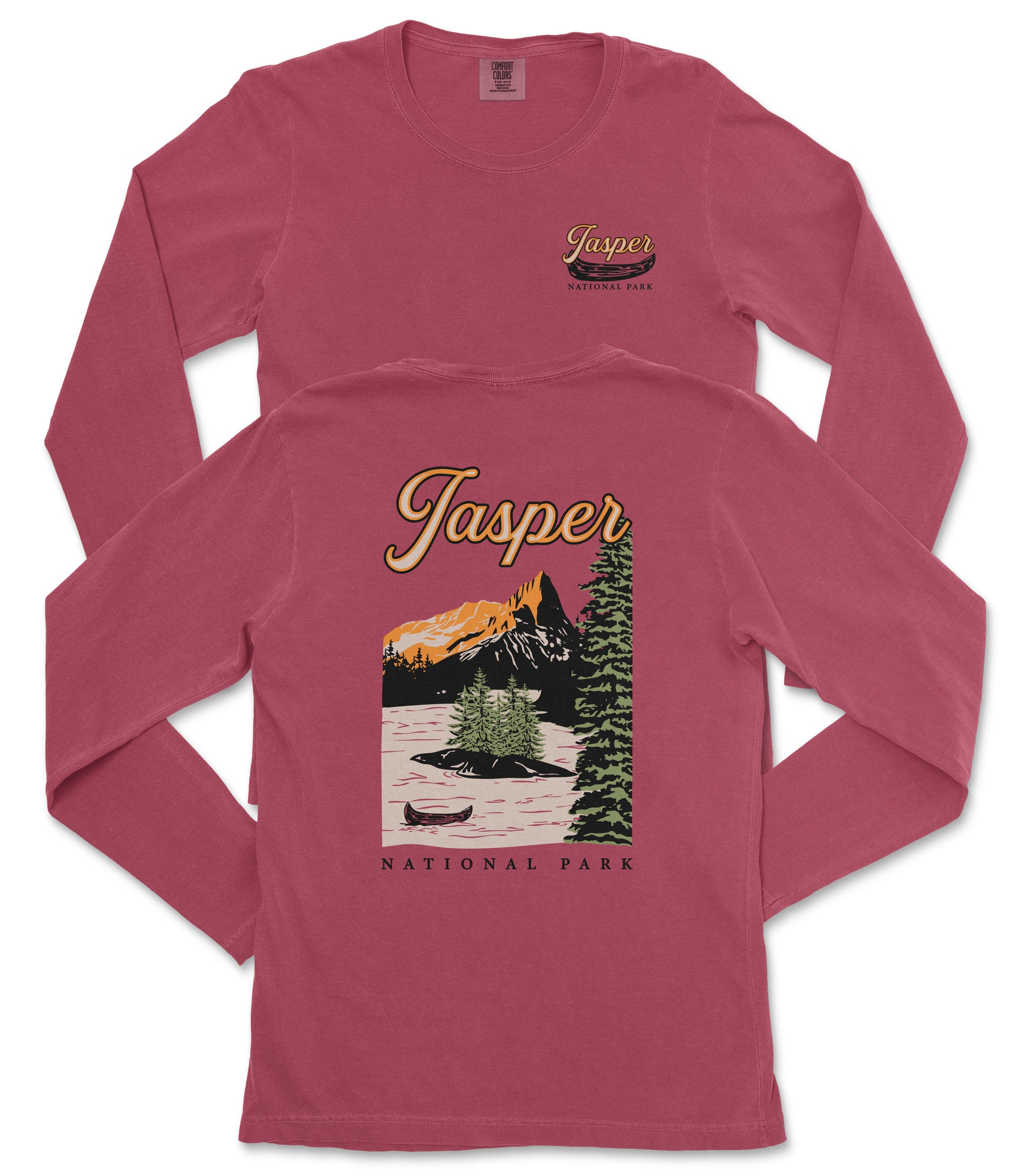 A red long-sleeved t-shirt with a graphic design depicting a scenic landscape, including mountains, trees, and a lake, along with the text "Jasper National Park" printed on it.