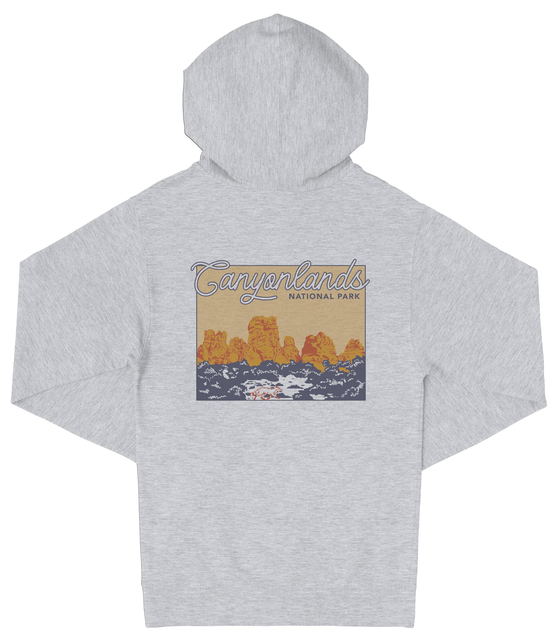 A gray hooded sweatshirt with a graphic design depicting a scenic landscape with mountains and water.