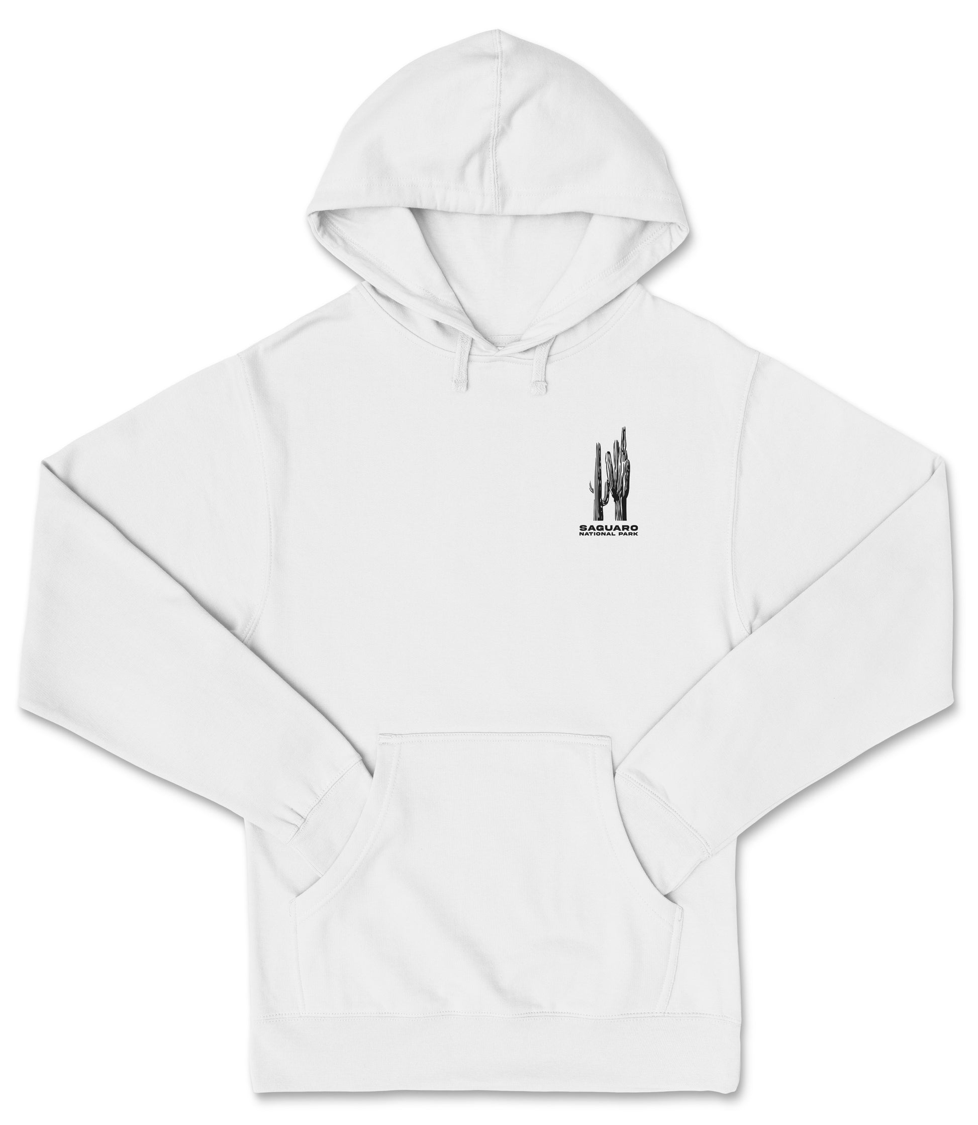 A white hoodie with a graphic design on the front.