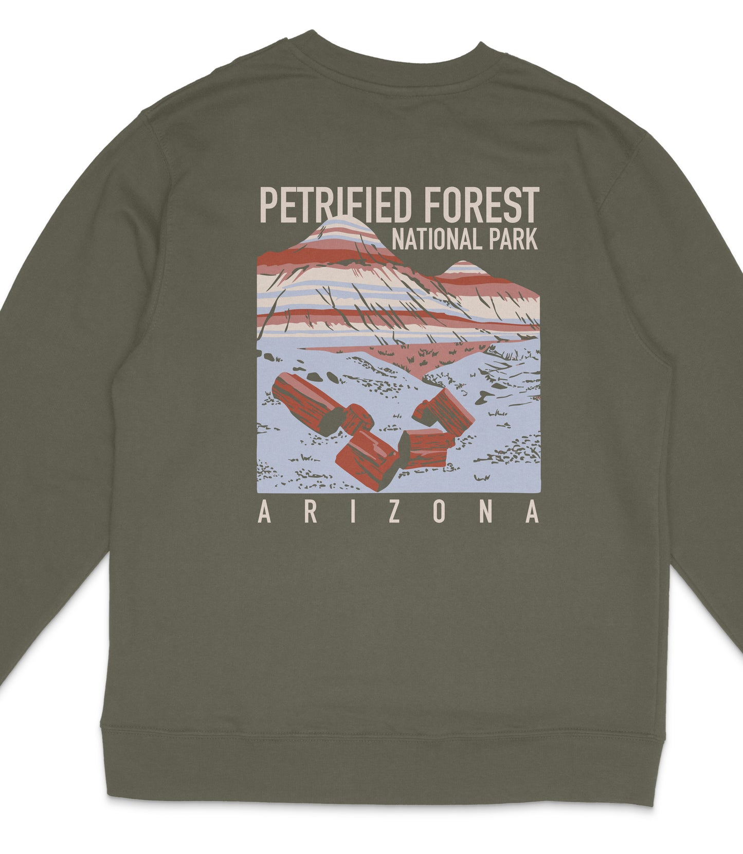 A gray sweatshirt with a graphic design depicting the Petrified Forest National Park in Arizona.