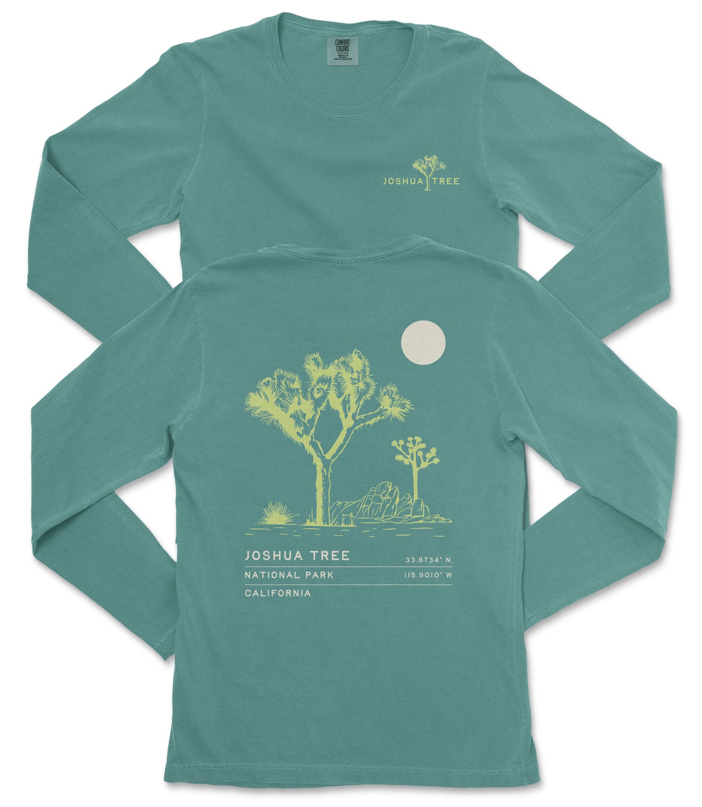 a teal long-sleeve t-shirt with a graphic design depicting a tree and a moon on the back.
